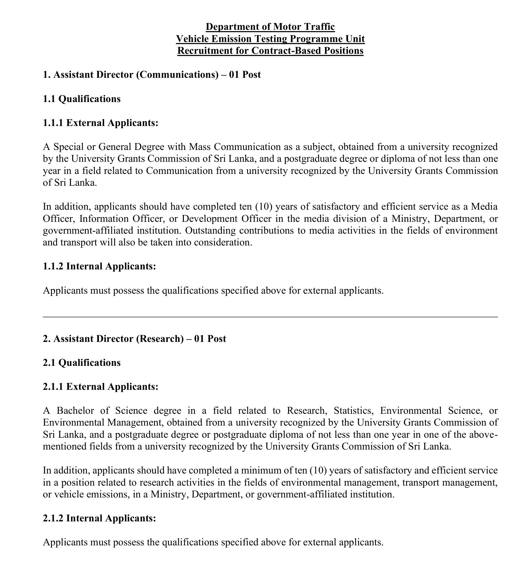 Management Assistant, Assistant Director (Communications, Research) - Department of Motor Traffic