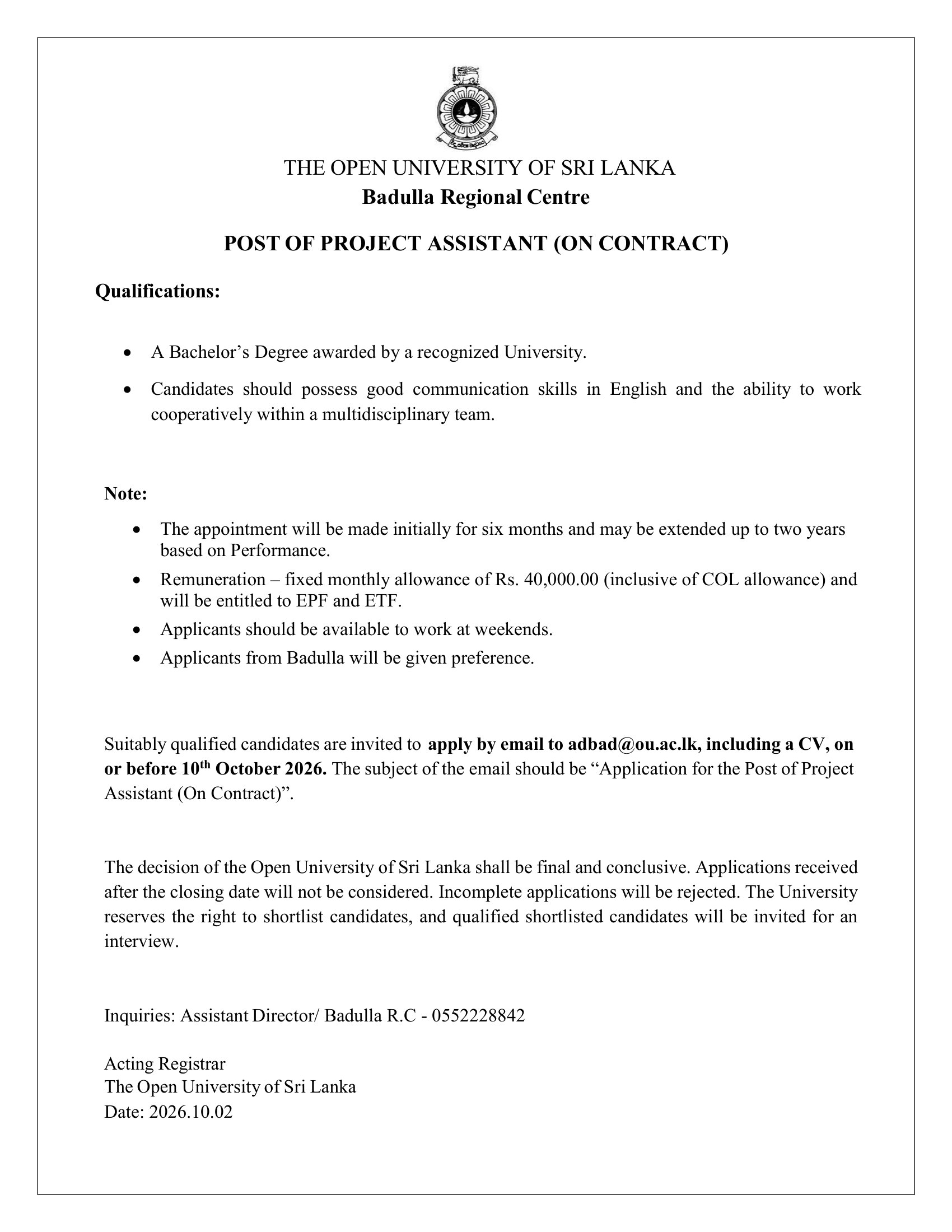 Project Assistant - The Open University of Sri Lanka