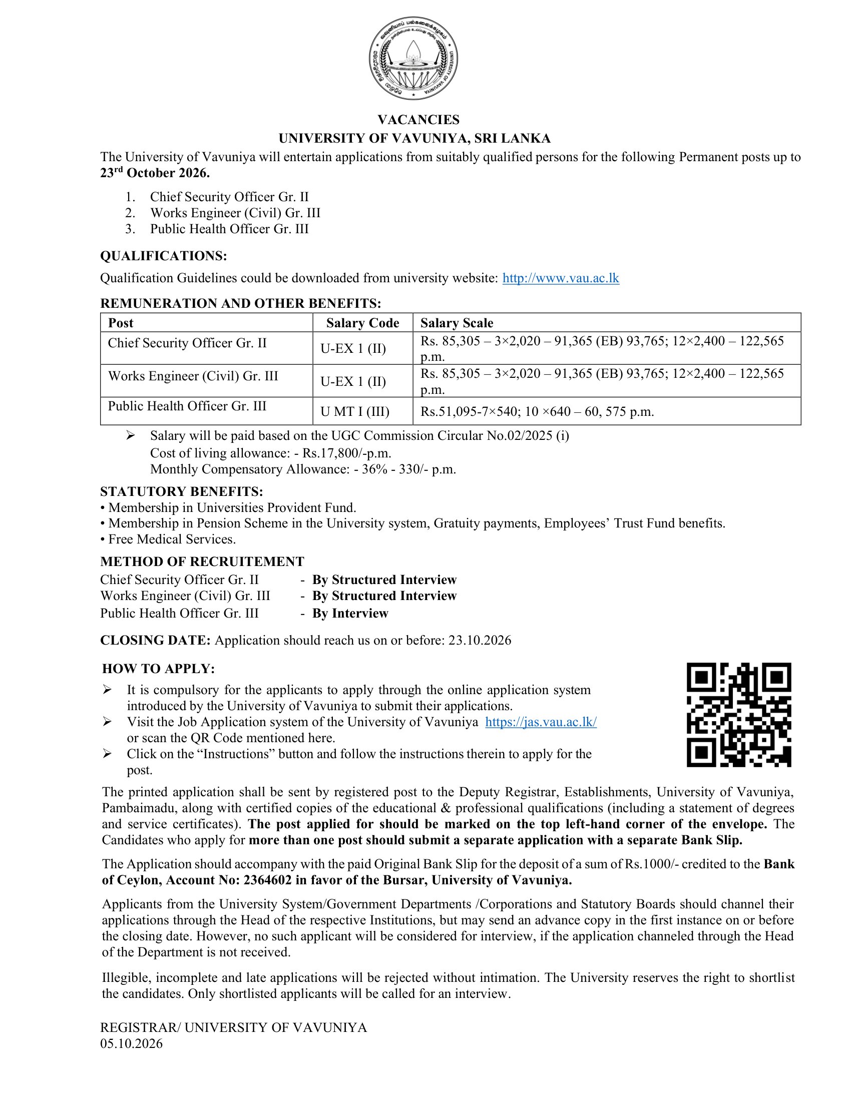 Chief Security Officer, Works Engineer, Public Health Officer - University of Vavuniya