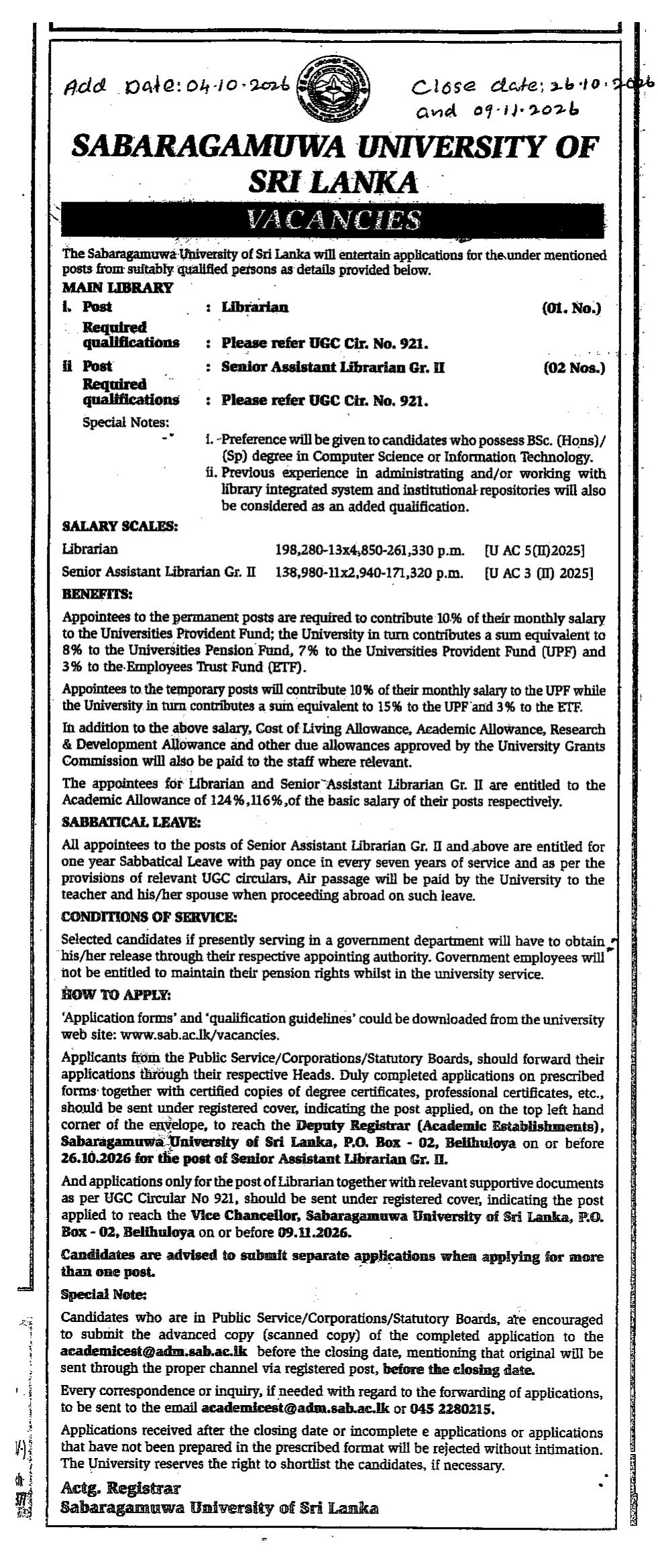 Librarian - Sabaragamuwa University of Sri Lanka