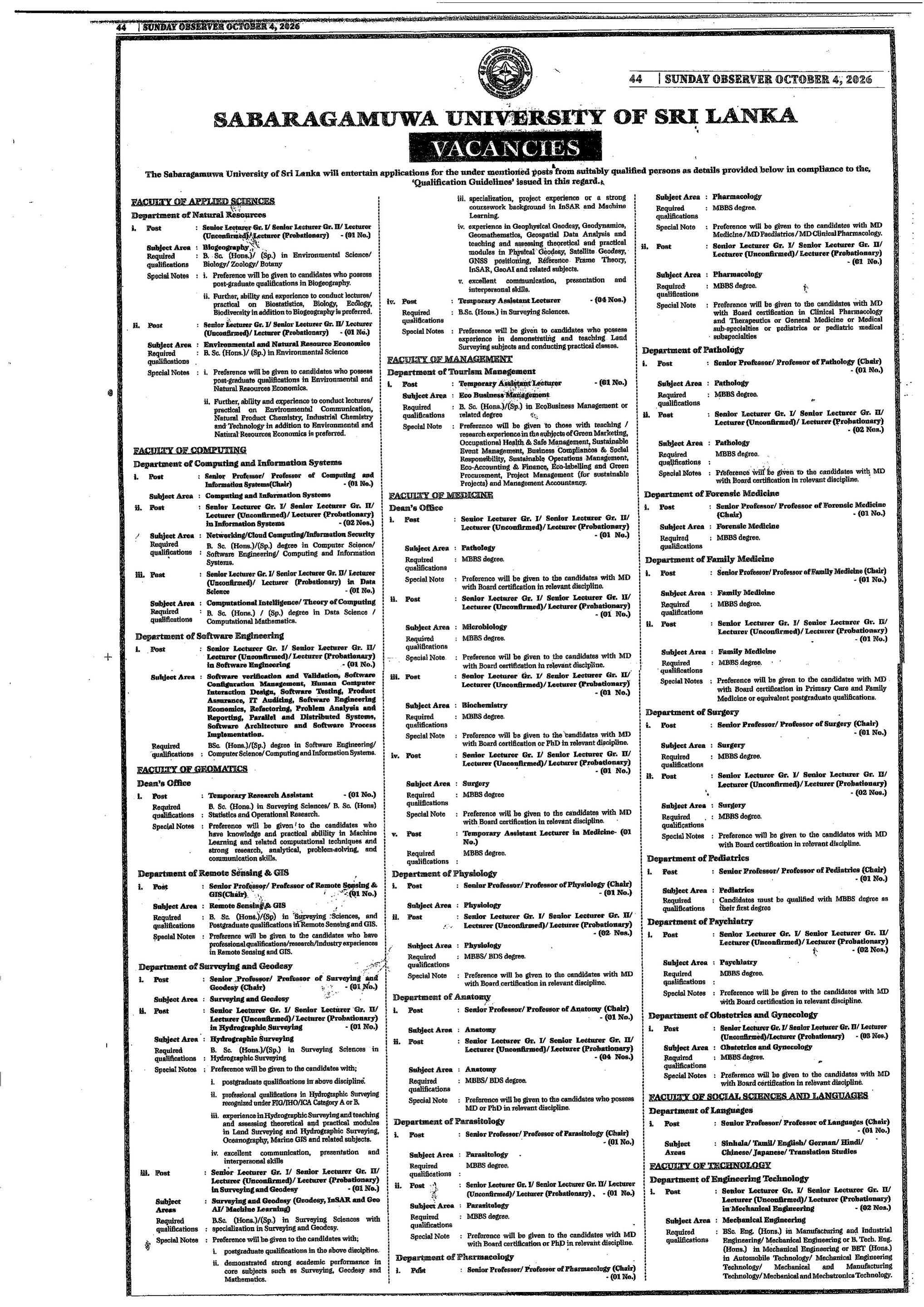 Senior Professor, Professor, Senior Lecturer, Lecturer, Temporary Research Assistant, Temporary Assistant Lecturer - Sabaragamuwa University of Sri Lanka 