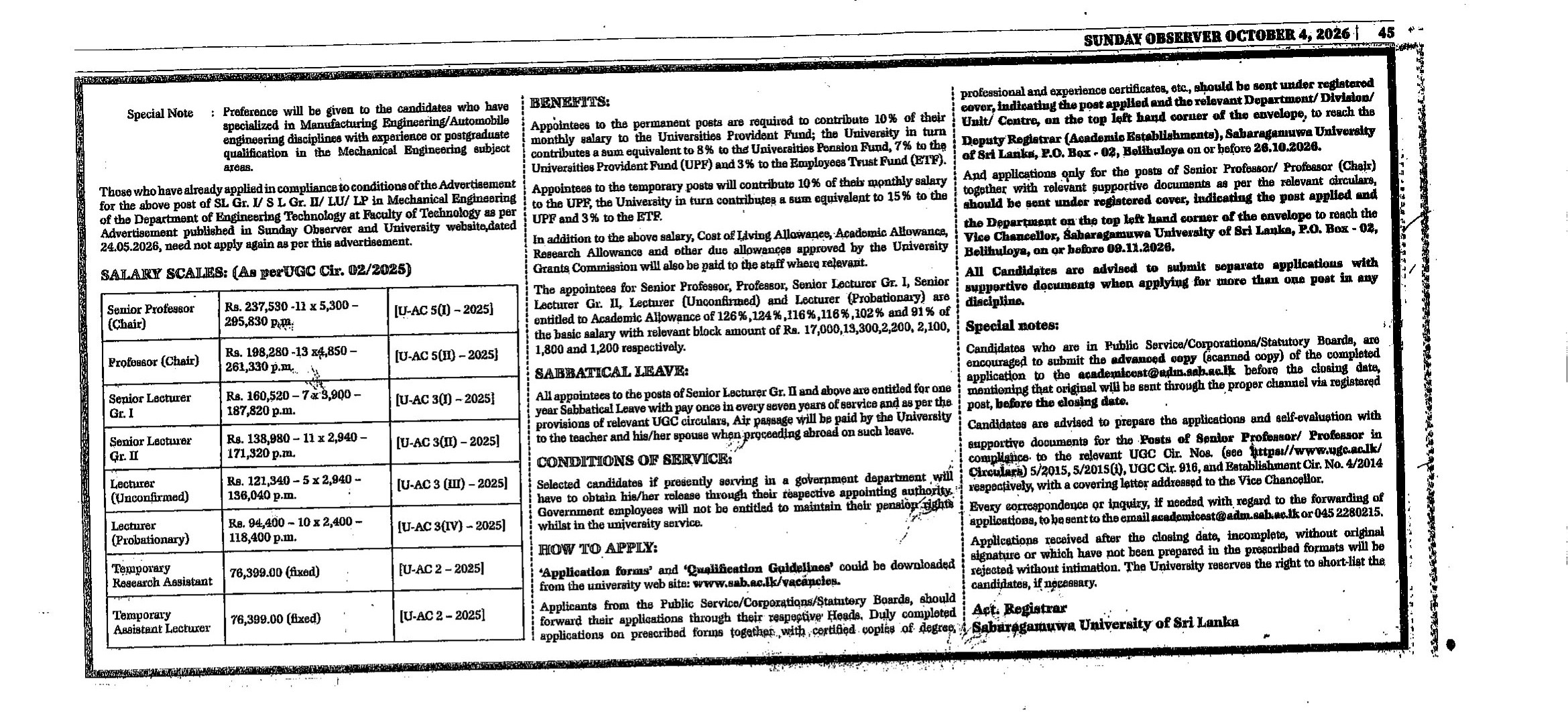 Senior Professor, Professor, Senior Lecturer, Lecturer, Temporary Research Assistant, Temporary Assistant Lecturer - Sabaragamuwa University of Sri Lanka 