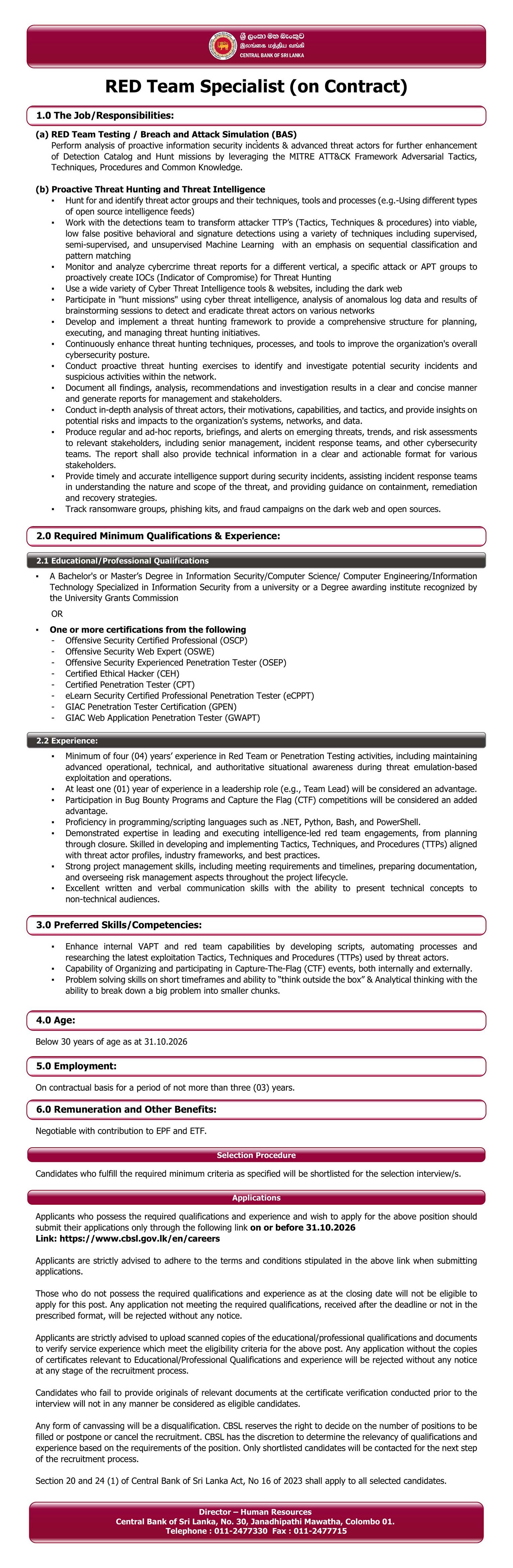 RED Team Specialist - Central Bank of Sri Lanka