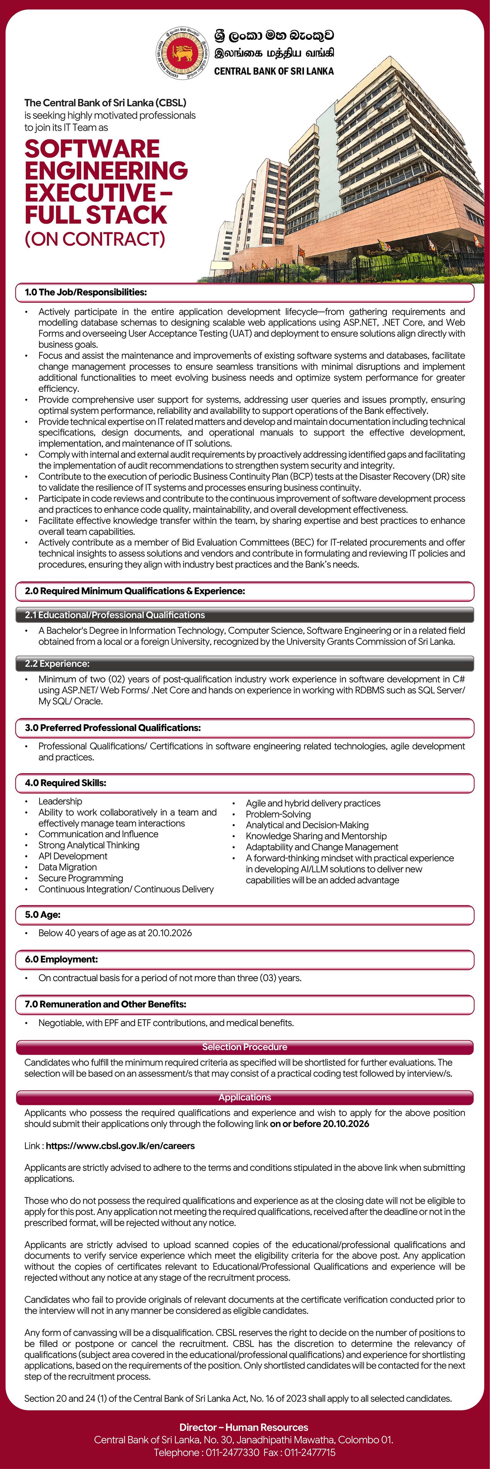 Software Engineering Executive, Software Quality Assurance Executive, Business Analyst, Project Manager, IT Technician (Network, Support) - Central Bank of Sri Lanka
