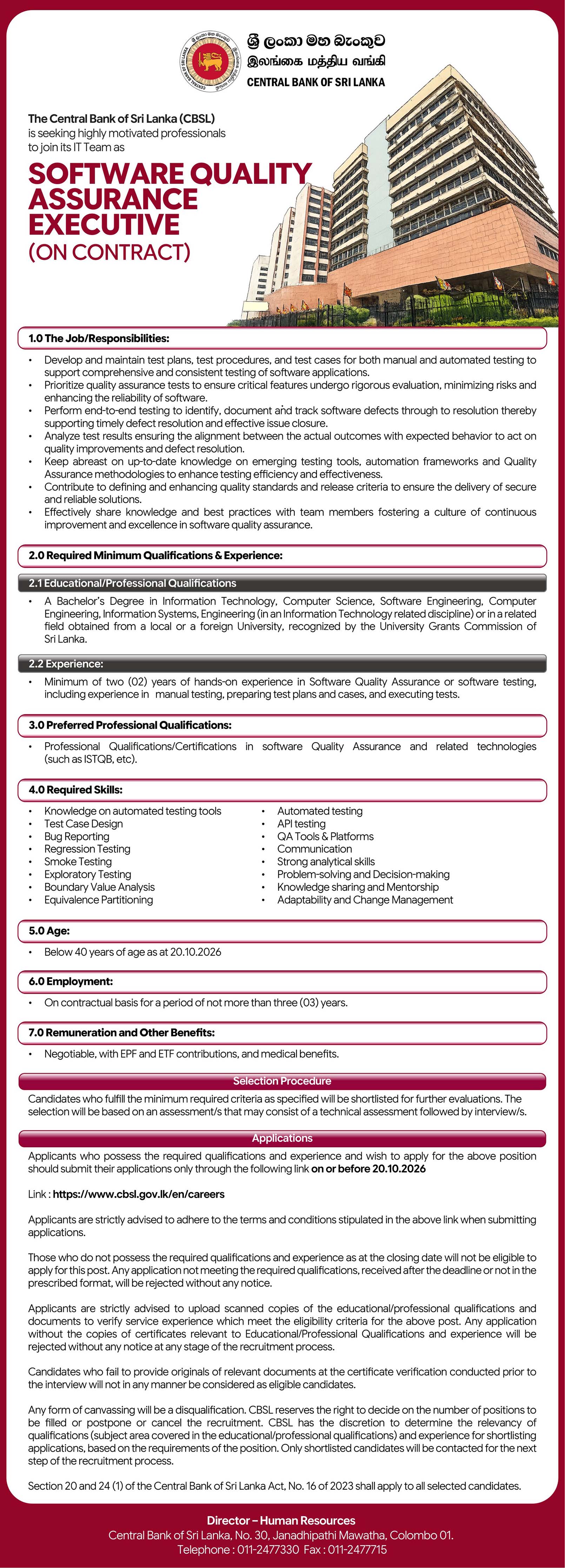 Software Engineering Executive, Software Quality Assurance Executive, Business Analyst, Project Manager, IT Technician (Network, Support) - Central Bank of Sri Lanka