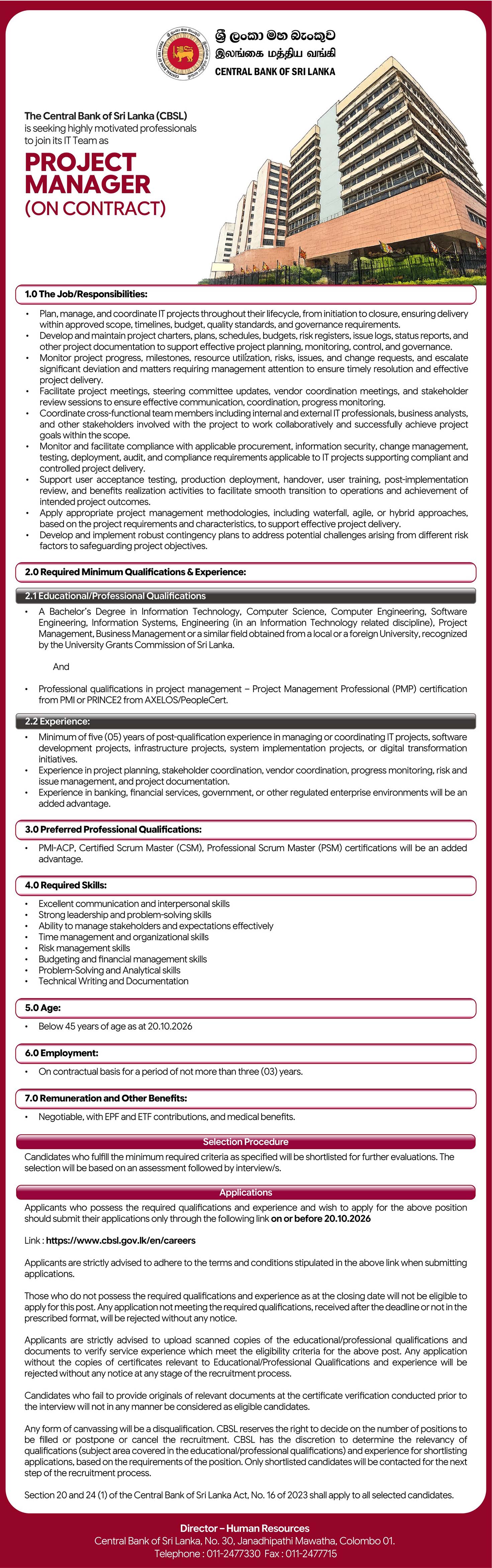 Software Engineering Executive, Software Quality Assurance Executive, Business Analyst, Project Manager, IT Technician (Network, Support) - Central Bank of Sri Lanka