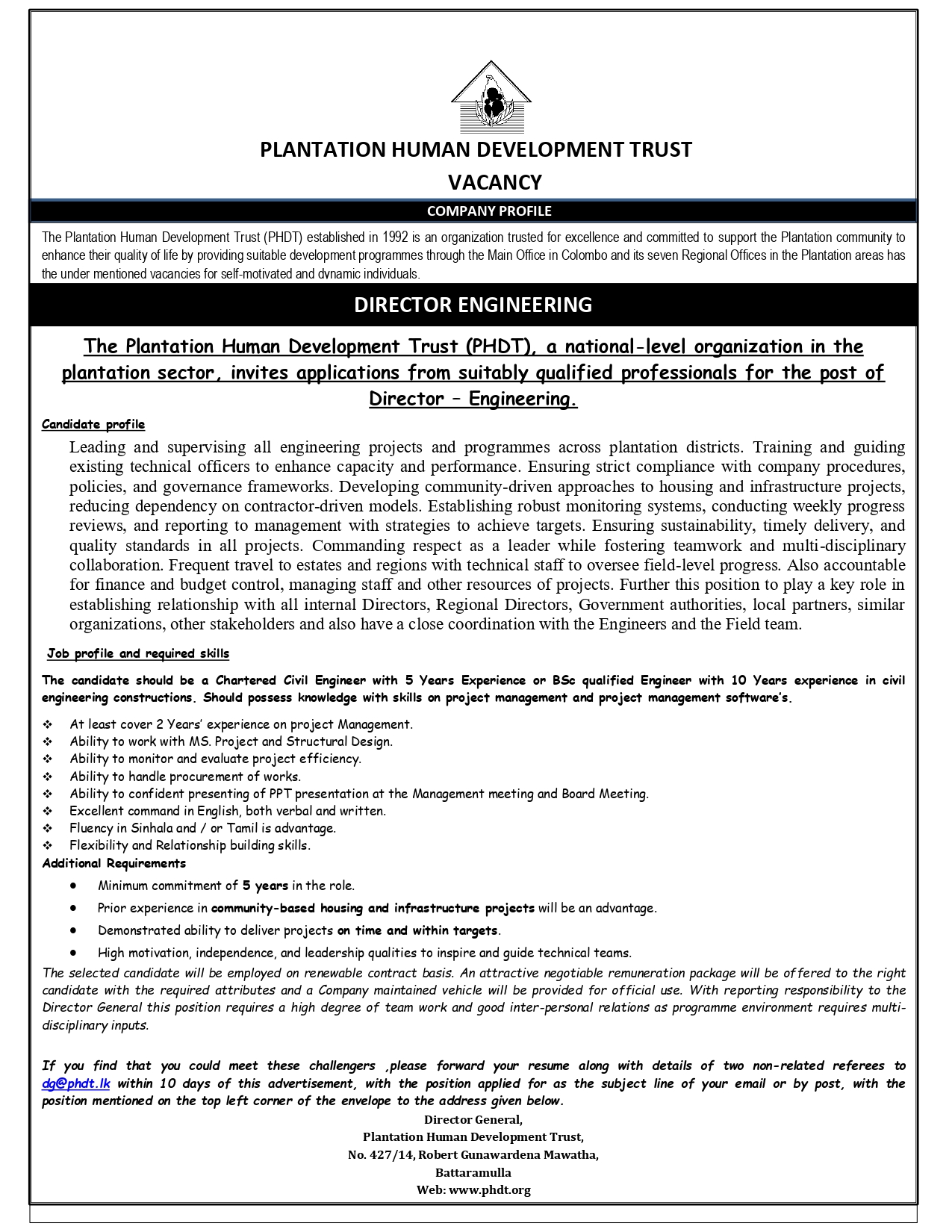 Director (Engineering) - Plantation Human Development Trust