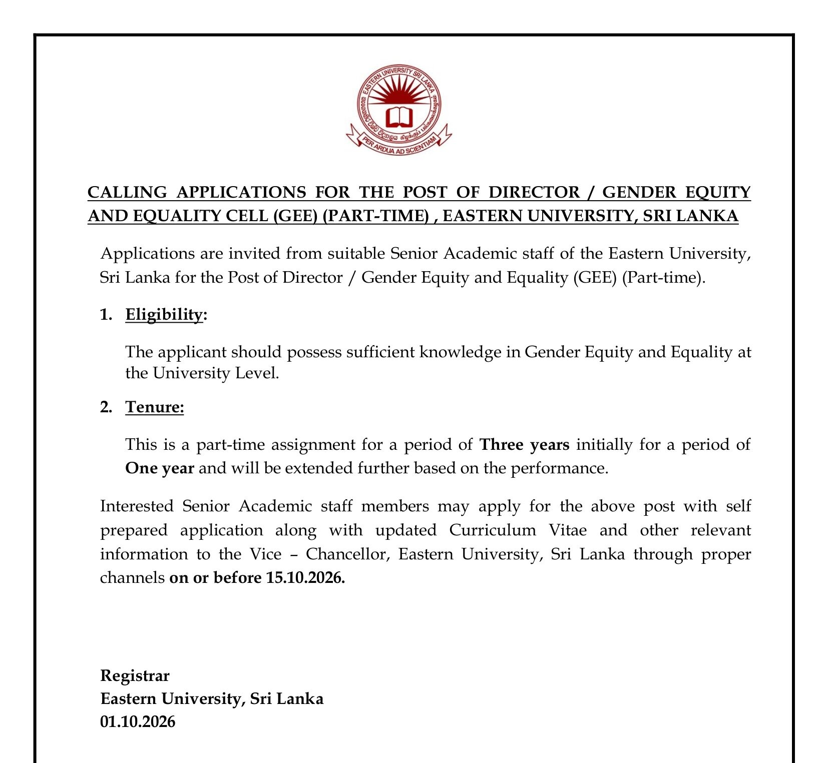 Director - Eastern University, Sri Lanka