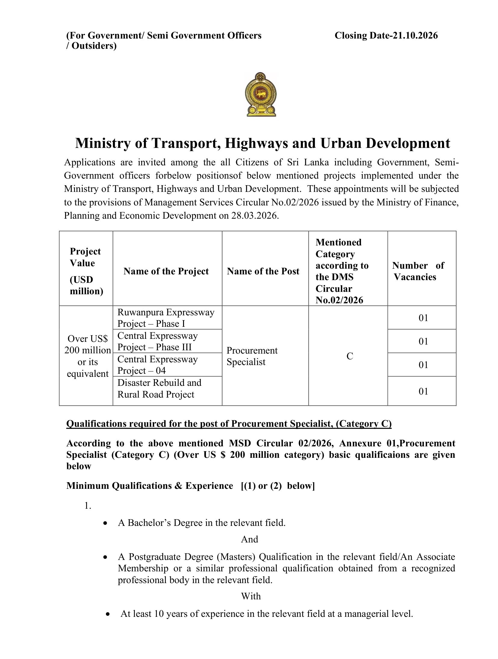 Procurement Specialist - Ministry of Transport, Highways & Urban Development