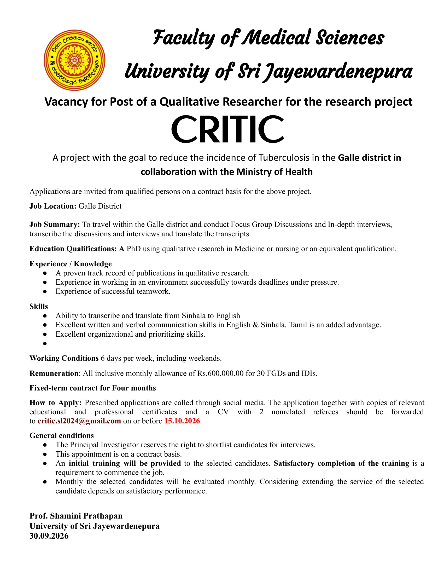 Qualitative Researcher, Programme Manager - University of Sri Jayewardenepura