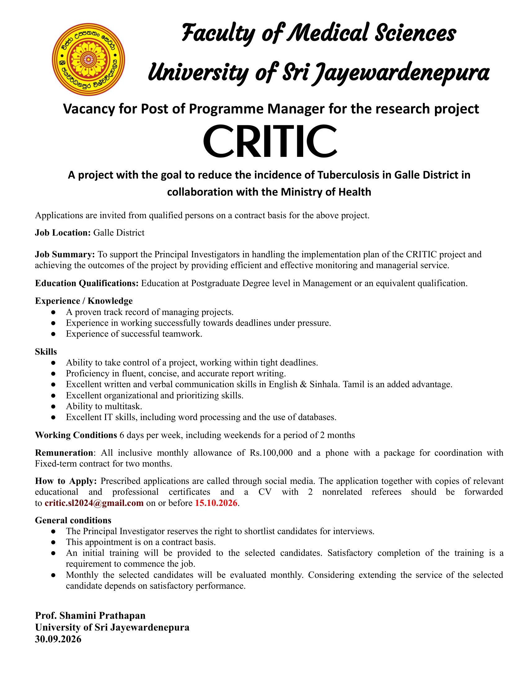 Qualitative Researcher, Programme Manager - University of Sri Jayewardenepura