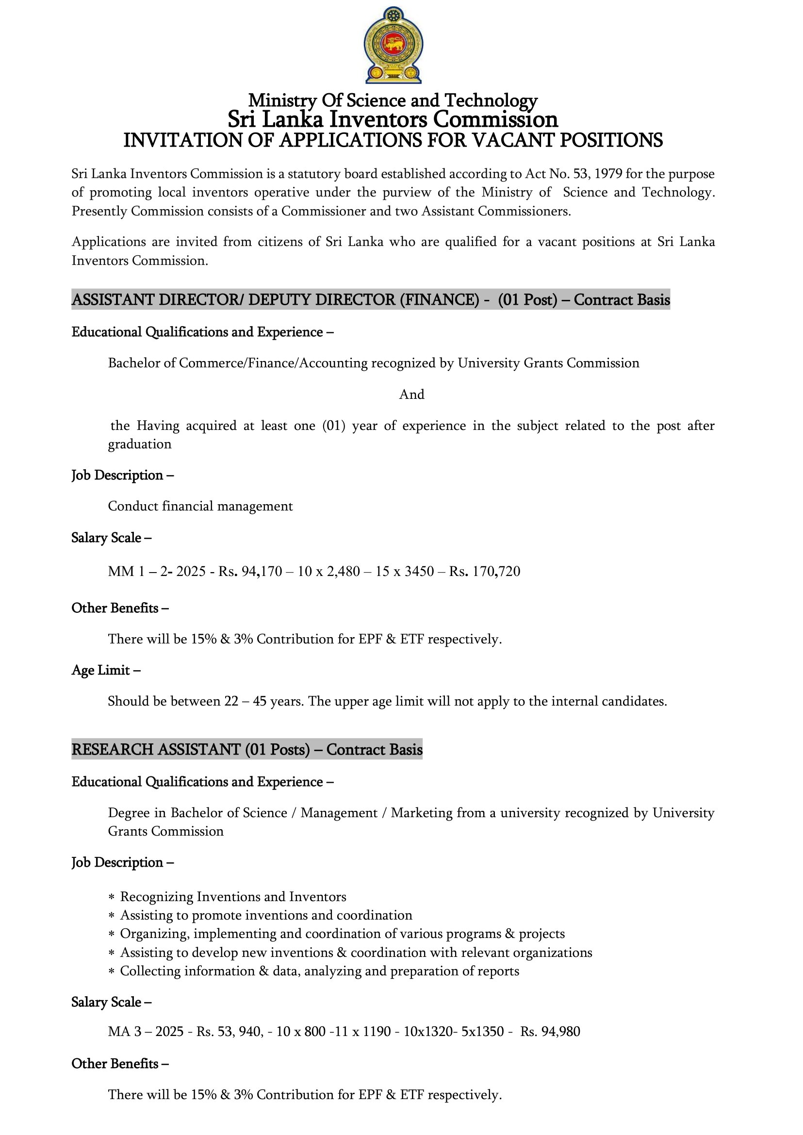 Management Assistant, Assistant Director/Deputy Director (Finance), Research Assistant - Sri Lanka Inventors Commission