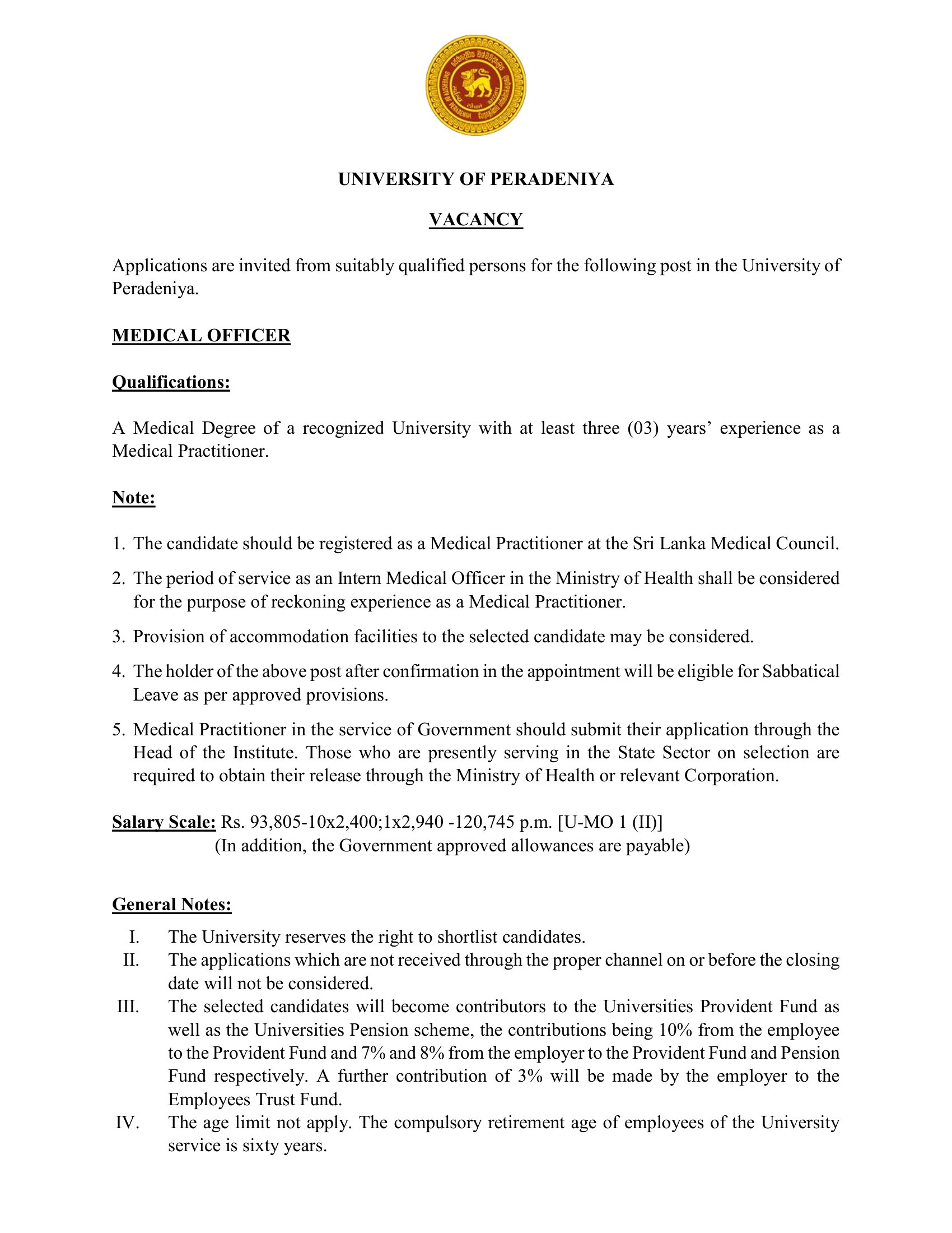 Medical Officer - University of Peradeniya