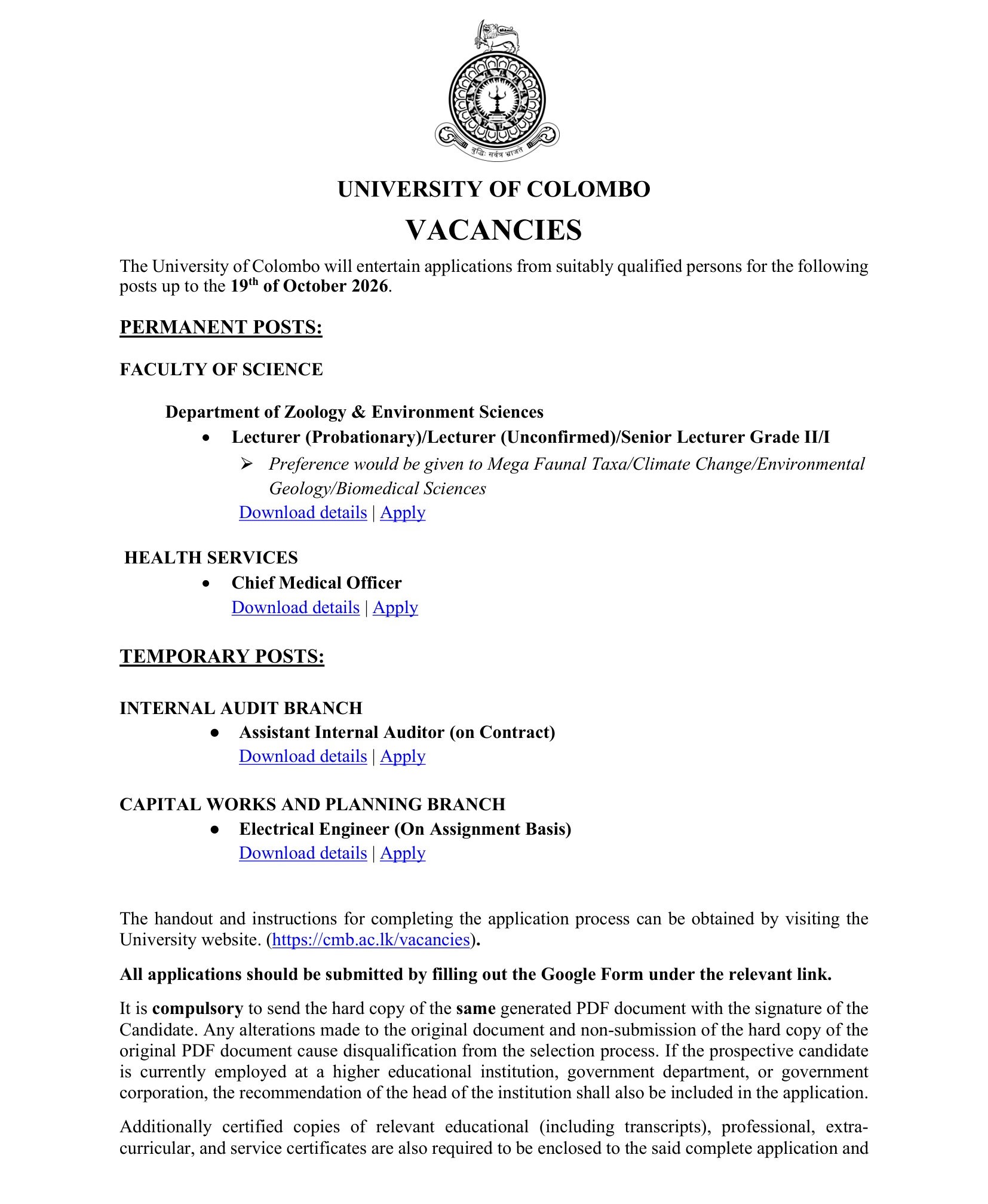 Lecturer, Senior Lecturer, Chief Medical Officer, Assistant Internal Auditor, Electrical Engineer - University of Colombo