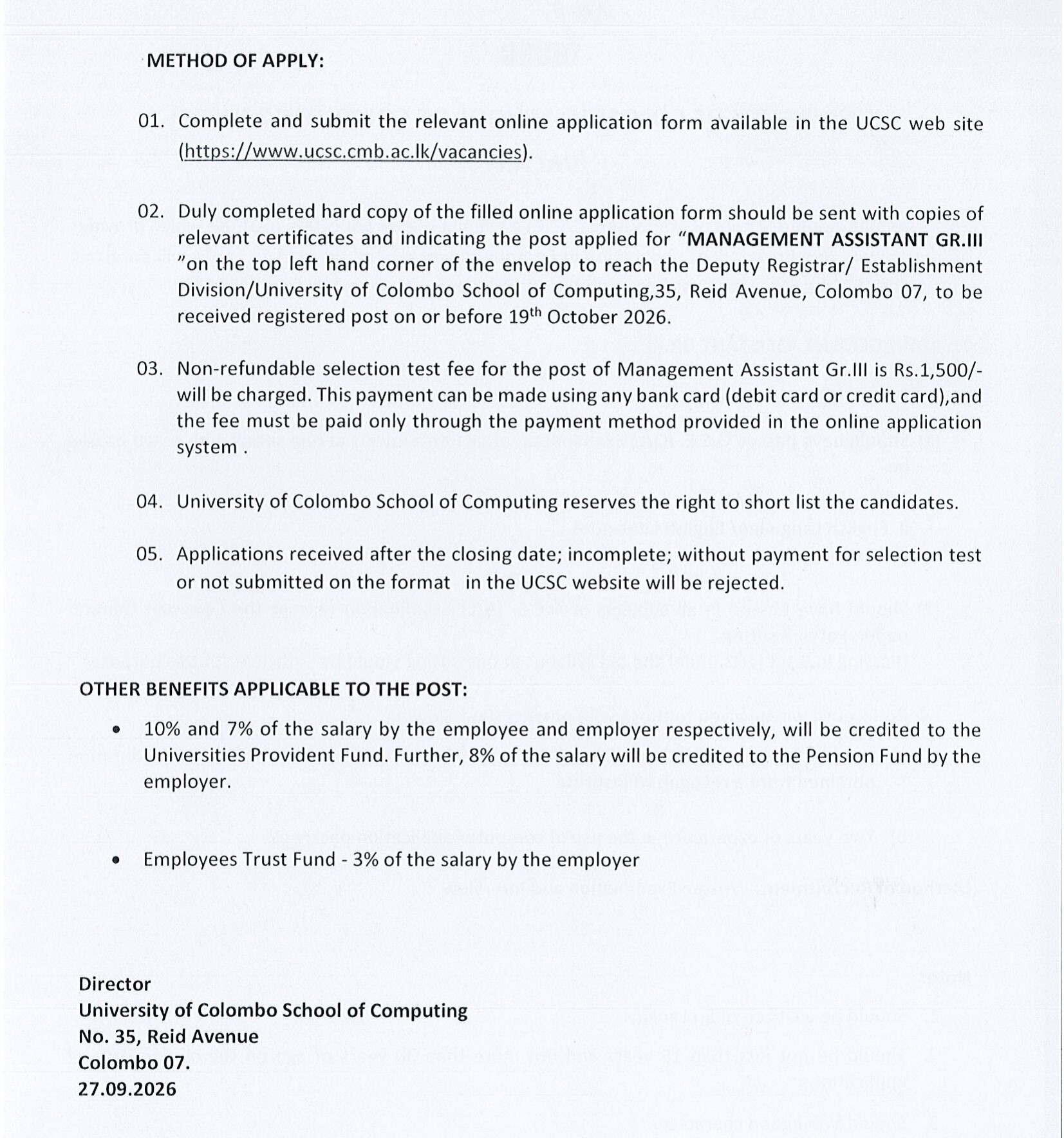 Management Assistant - University of Colombo School of Computing
