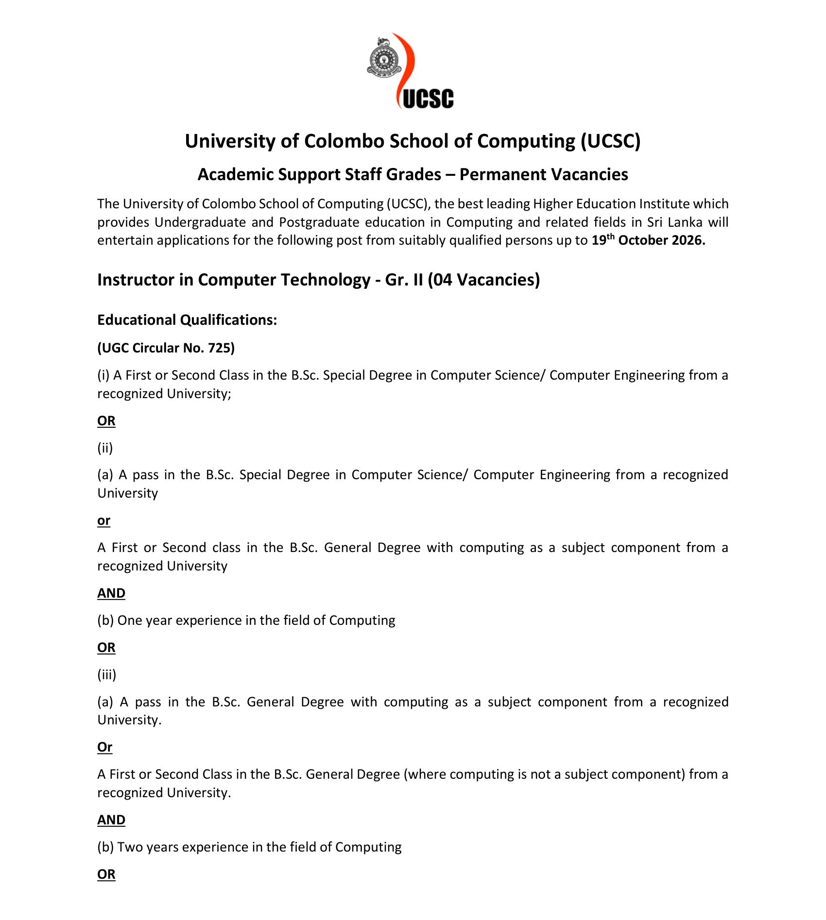 Instructor in Computer Technology - University of Colombo School of Computing