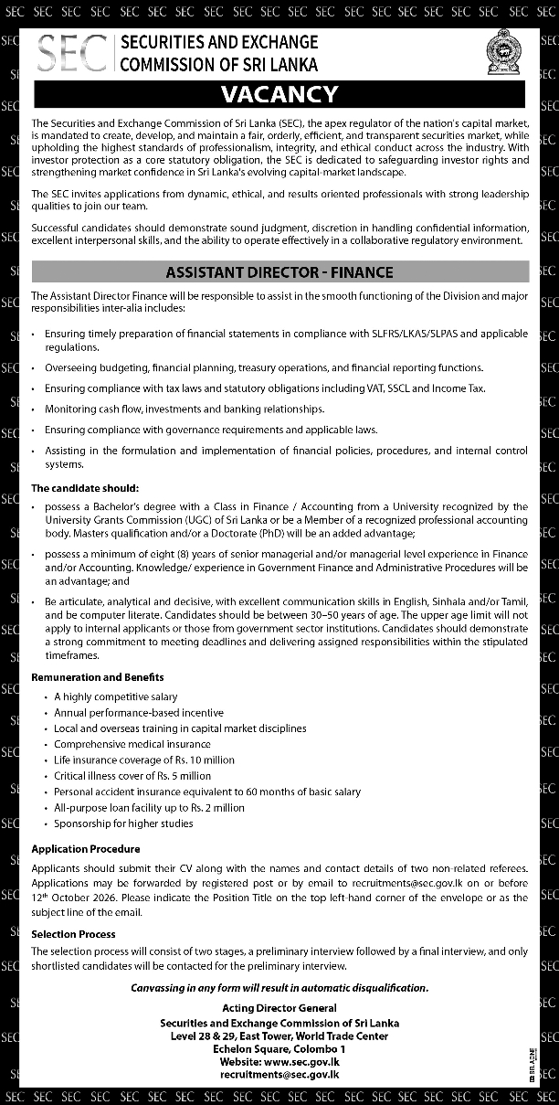 Assistant Director (Finance) - Securities & Exchange Commission of Sri Lanka