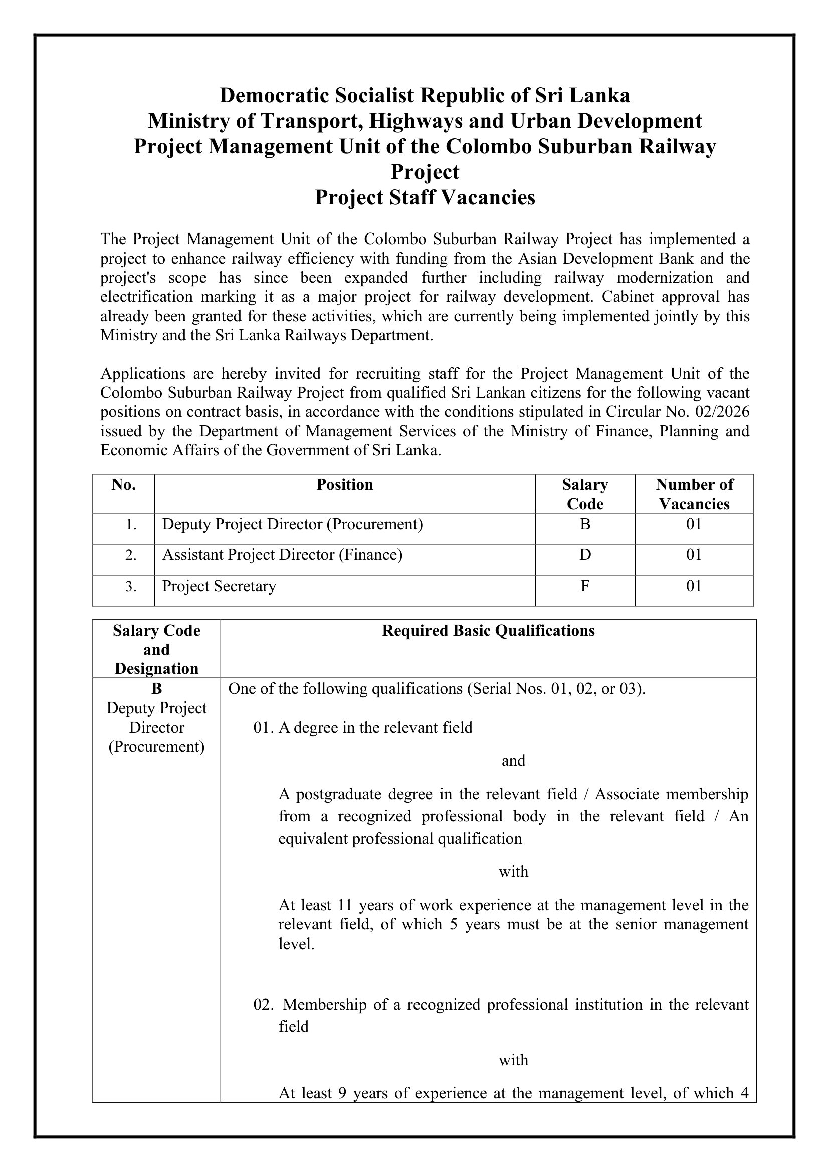 Deputy Project Director (Procurement), Assistant Project Director (Finance), Project Secretary - Ministry of Transport, Highways & Urban Development