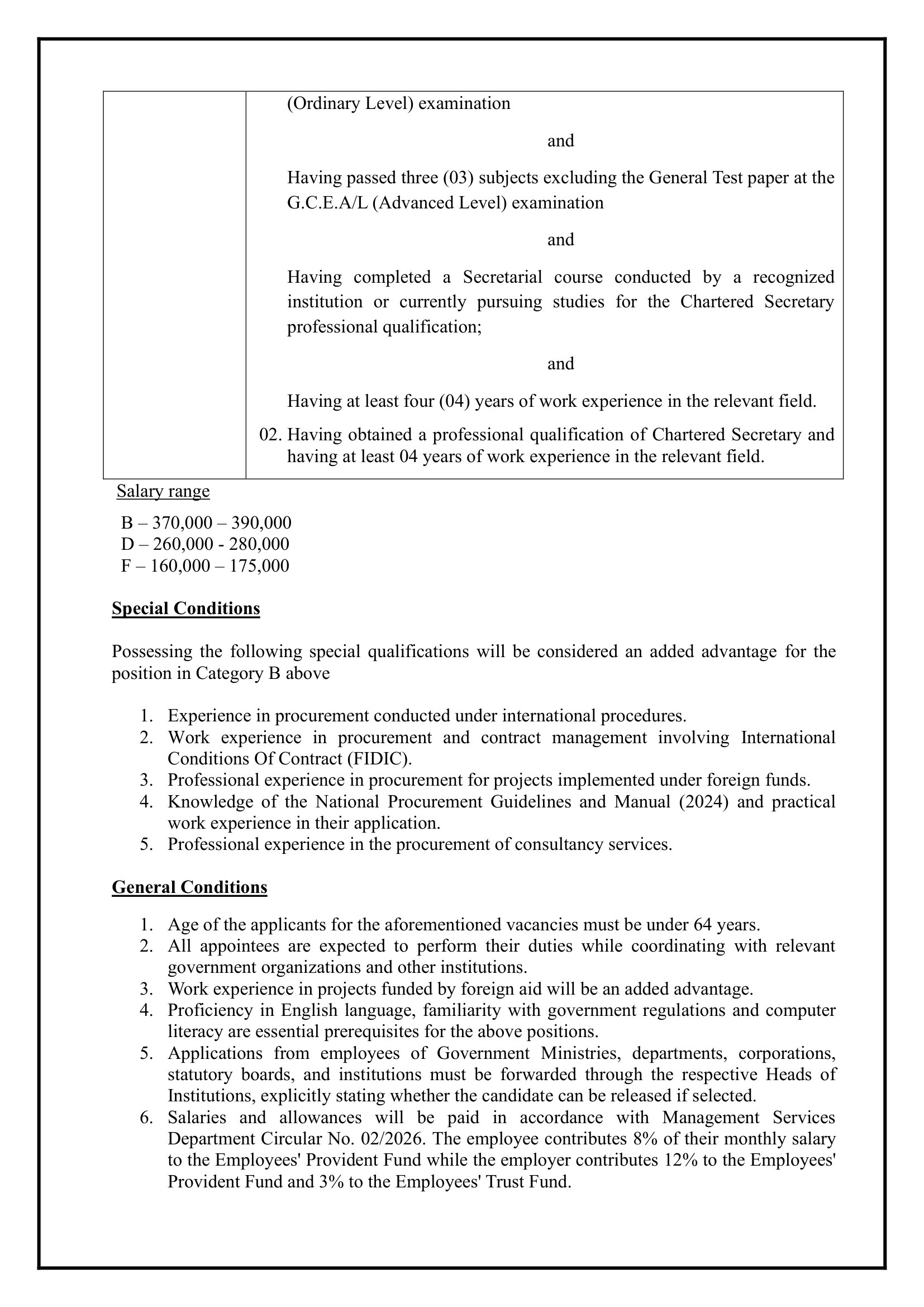 Deputy Project Director (Procurement), Assistant Project Director (Finance), Project Secretary - Ministry of Transport, Highways & Urban Development
