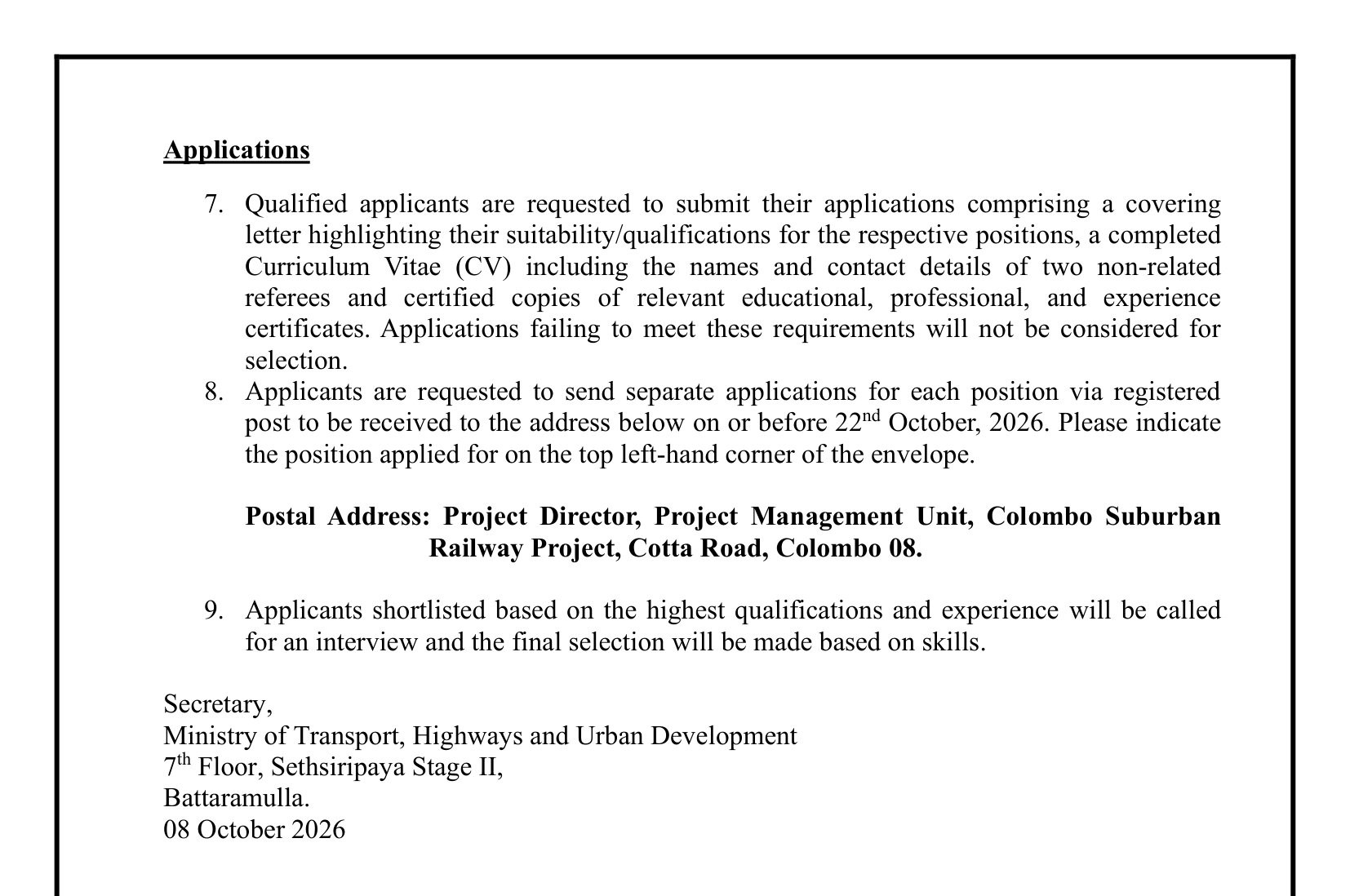 Deputy Project Director (Procurement), Assistant Project Director (Finance), Project Secretary - Ministry of Transport, Highways & Urban Development