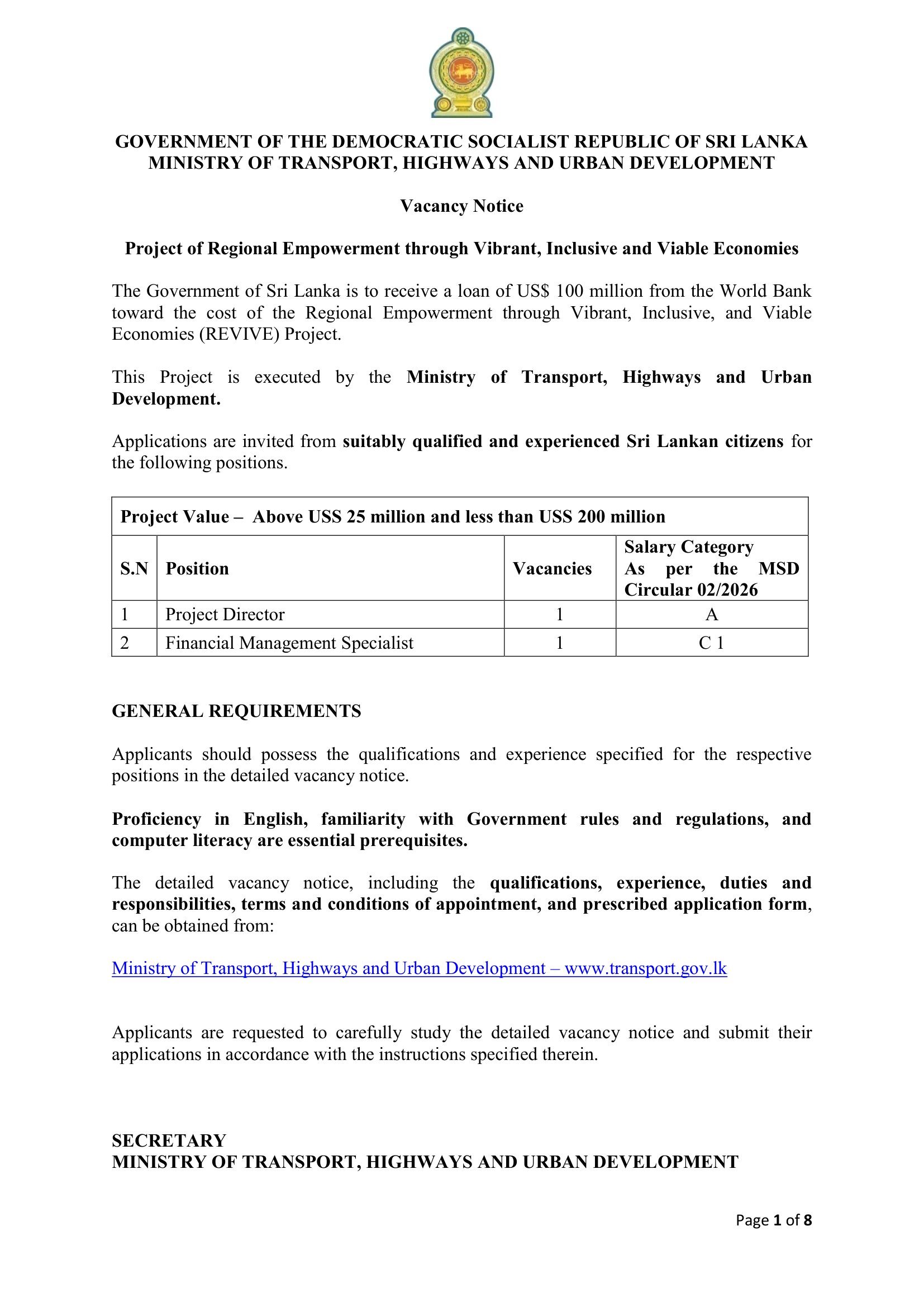 Project Director, Financial Management Specialist - Ministry of Transport, Highways & Urban Development