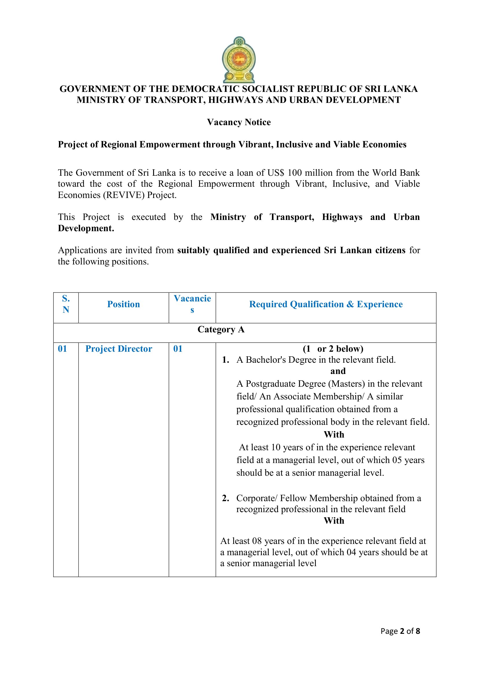 Project Director, Financial Management Specialist - Ministry of Transport, Highways & Urban Development