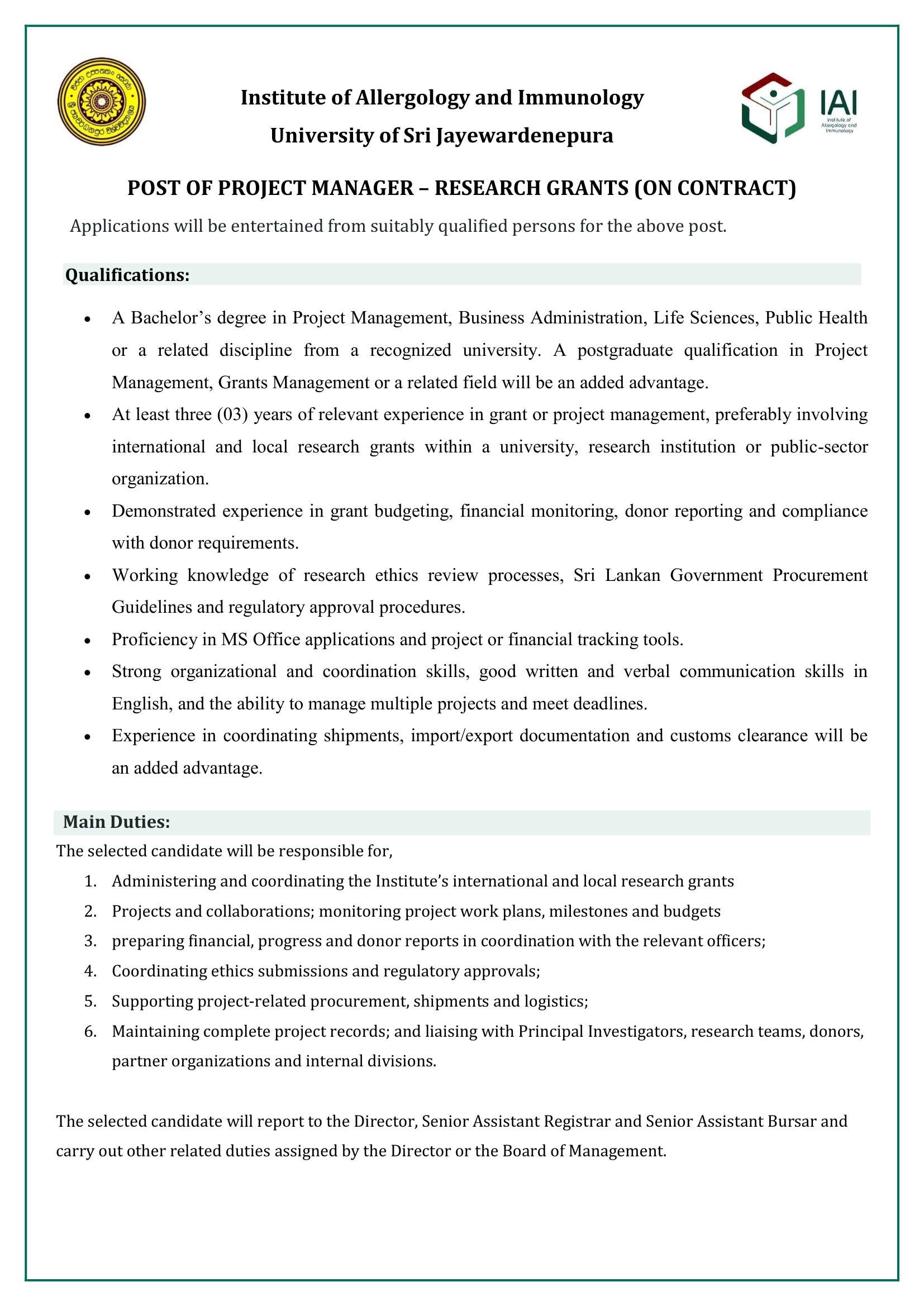 Project Manager - Institute of Allergology and Immunology - University of Sri Jayewardenepura