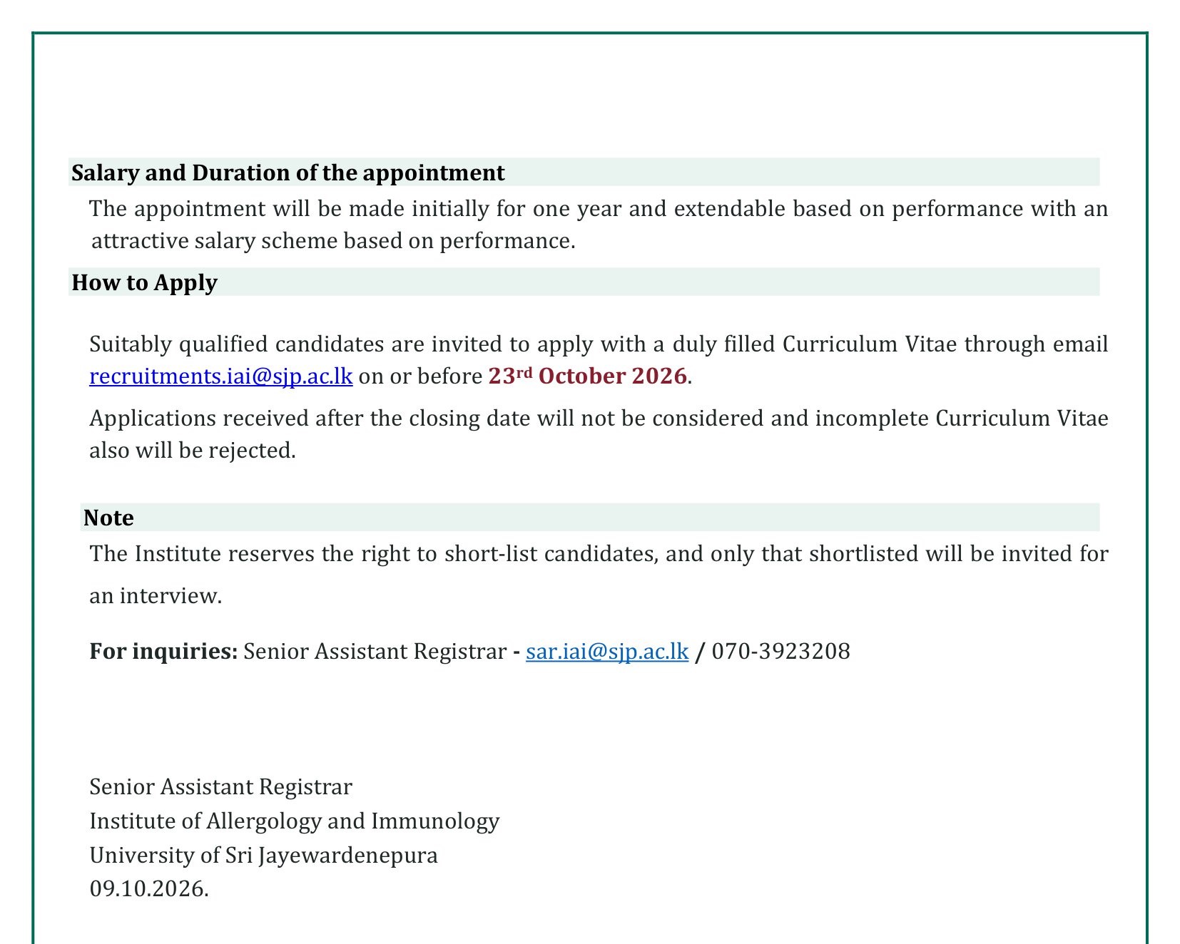 Project Manager - Institute of Allergology and Immunology - University of Sri Jayewardenepura