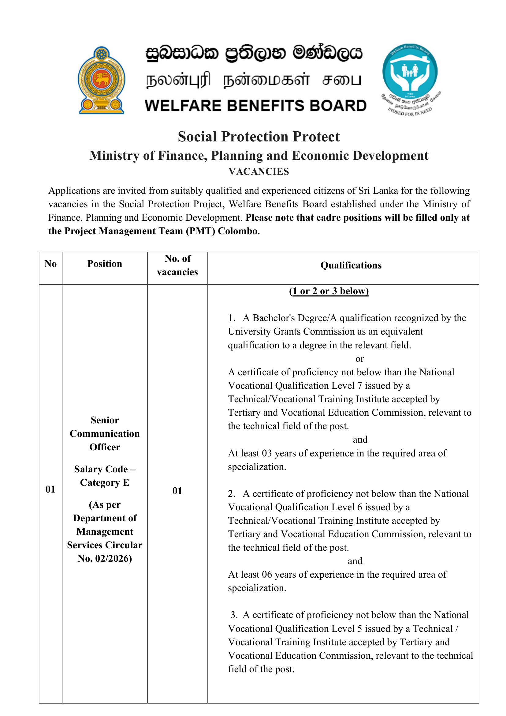 Senior Communication Officer, Project Officer (Finance) - Welfare Benefits Board
