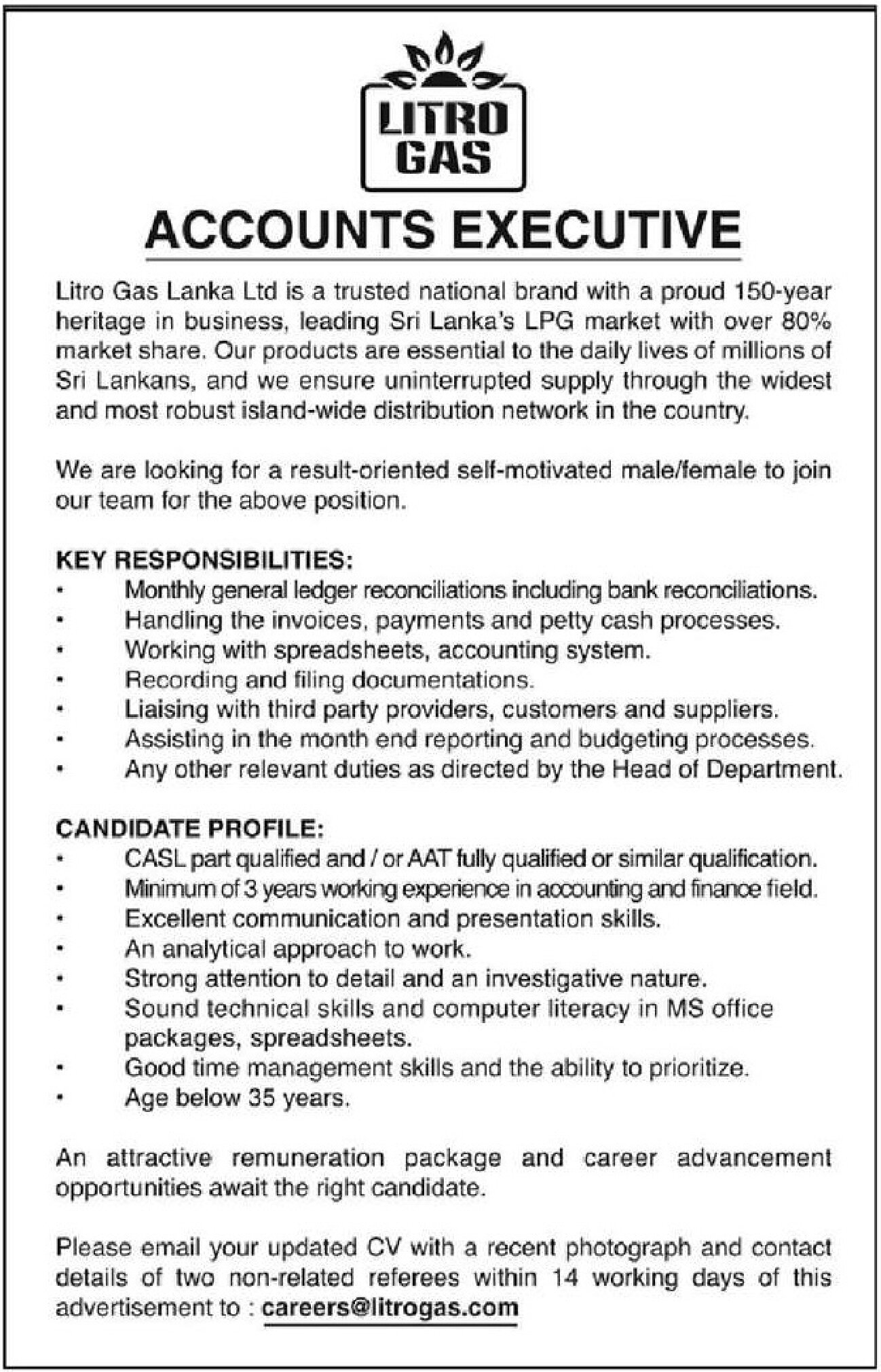 Accounts Executive, Assistant Manager - Litro Gas Lanka Ltd