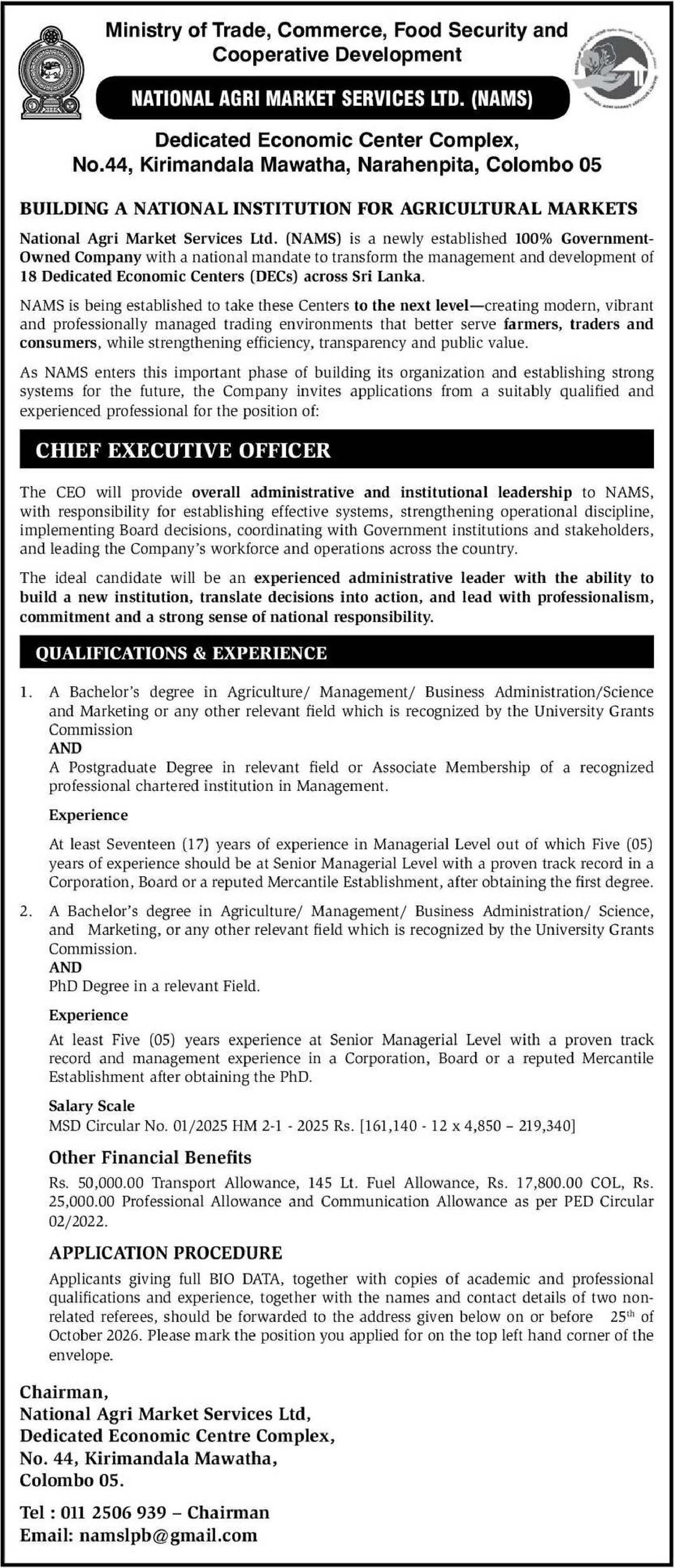 Chief Executive Officer - National Agri Market Services Ltd