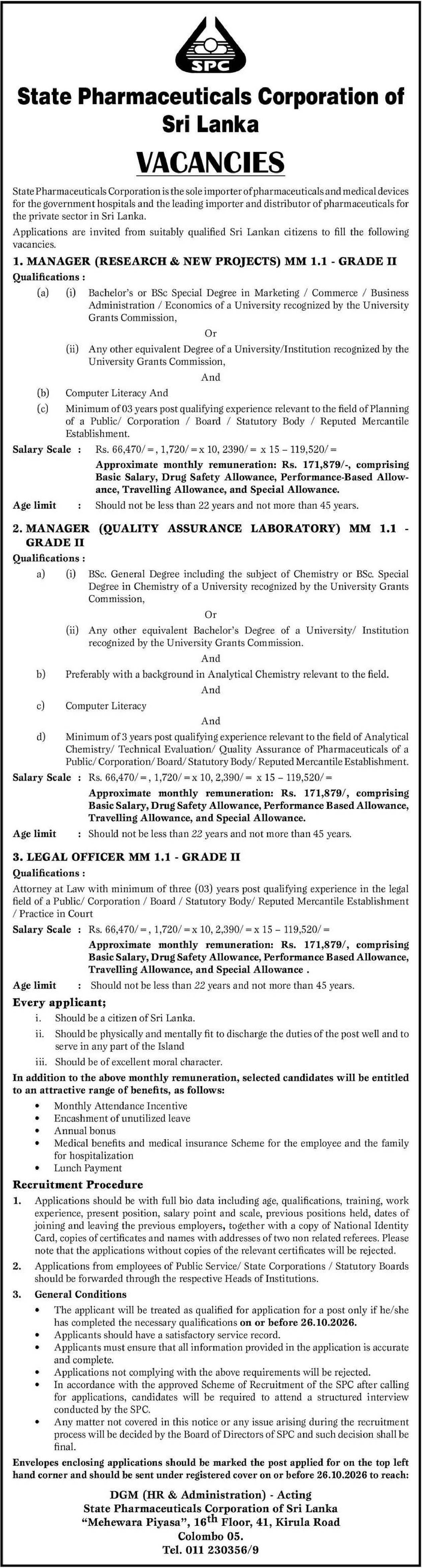 Manager (Research & New Projects, Quality Assurance Laboratory), Legal Officer - State Pharmaceuticals Corporation of Sri Lanka