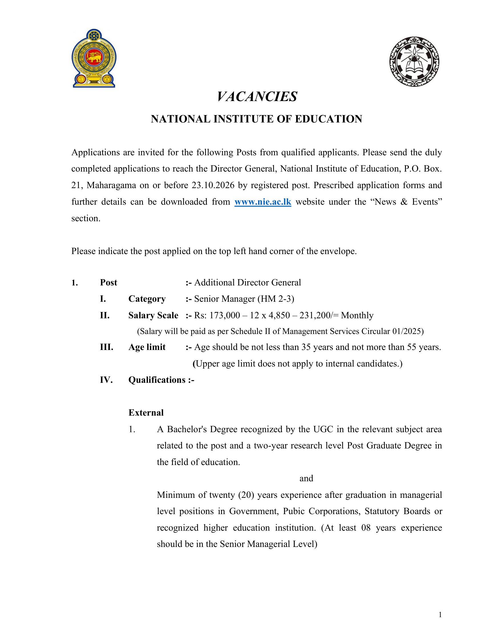 Additional Director General, Technical Officer (Electrical), Technical Assistant - National Institute of Education