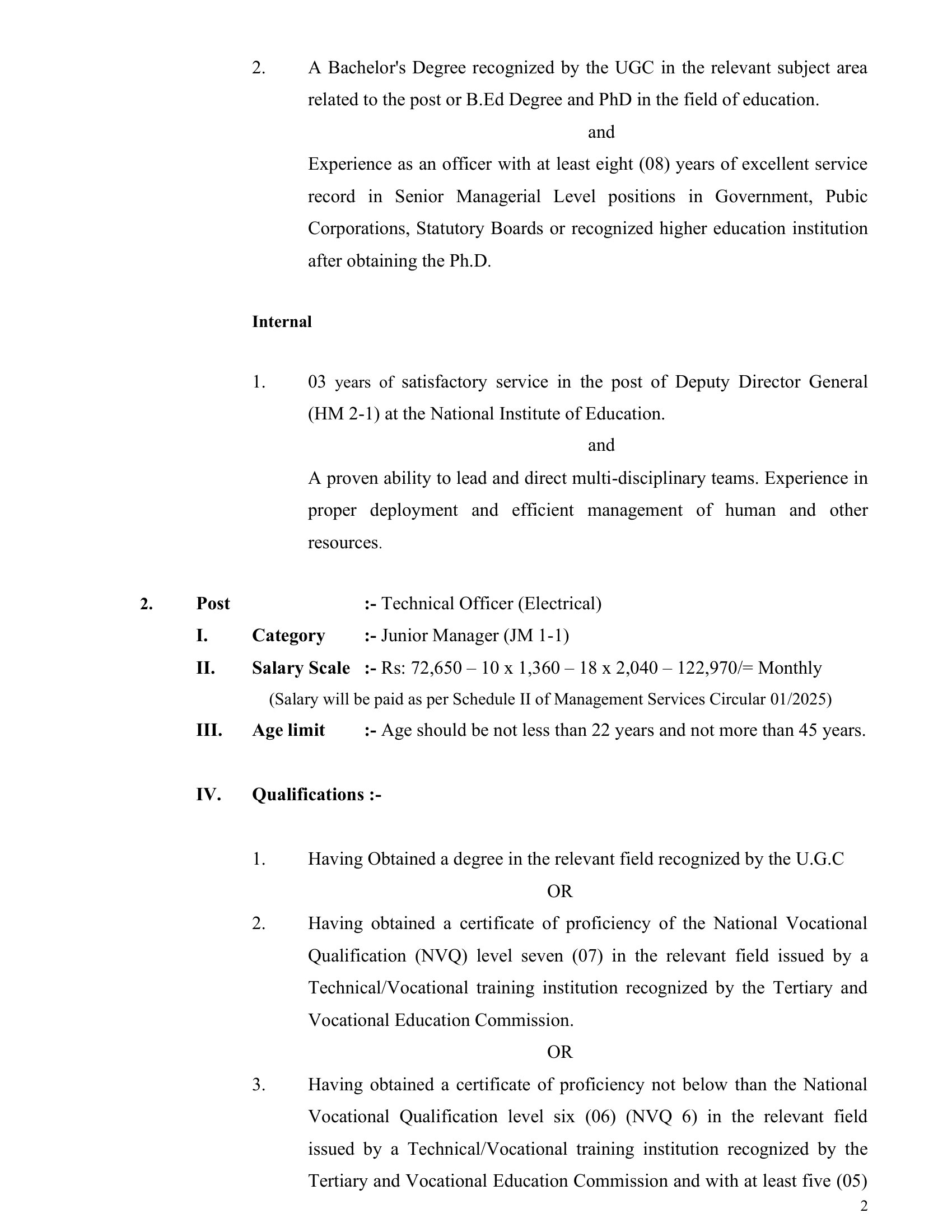 Additional Director General, Technical Officer (Electrical), Technical Assistant - National Institute of Education