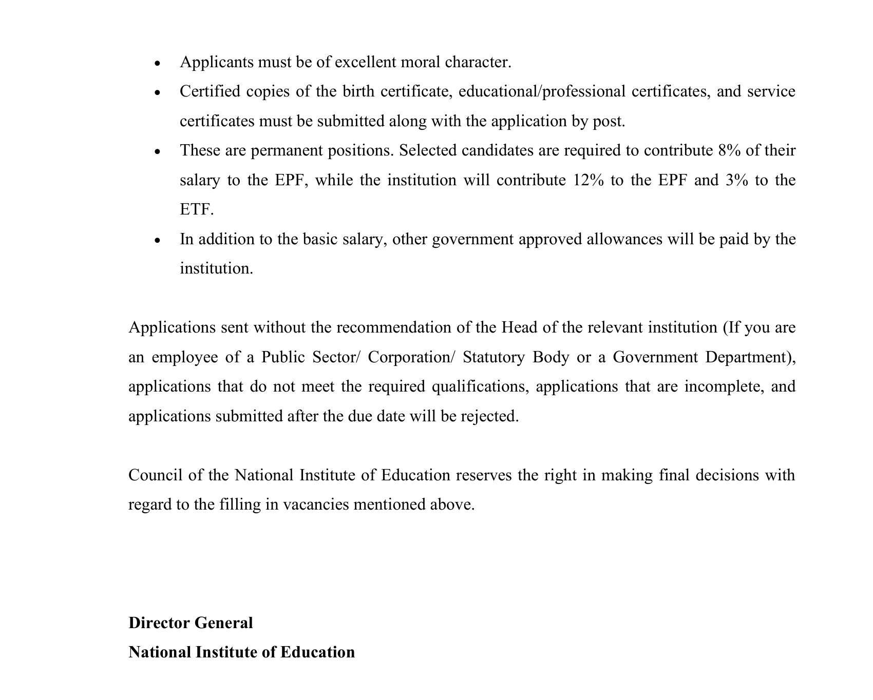 Additional Director General, Technical Officer (Electrical), Technical Assistant - National Institute of Education