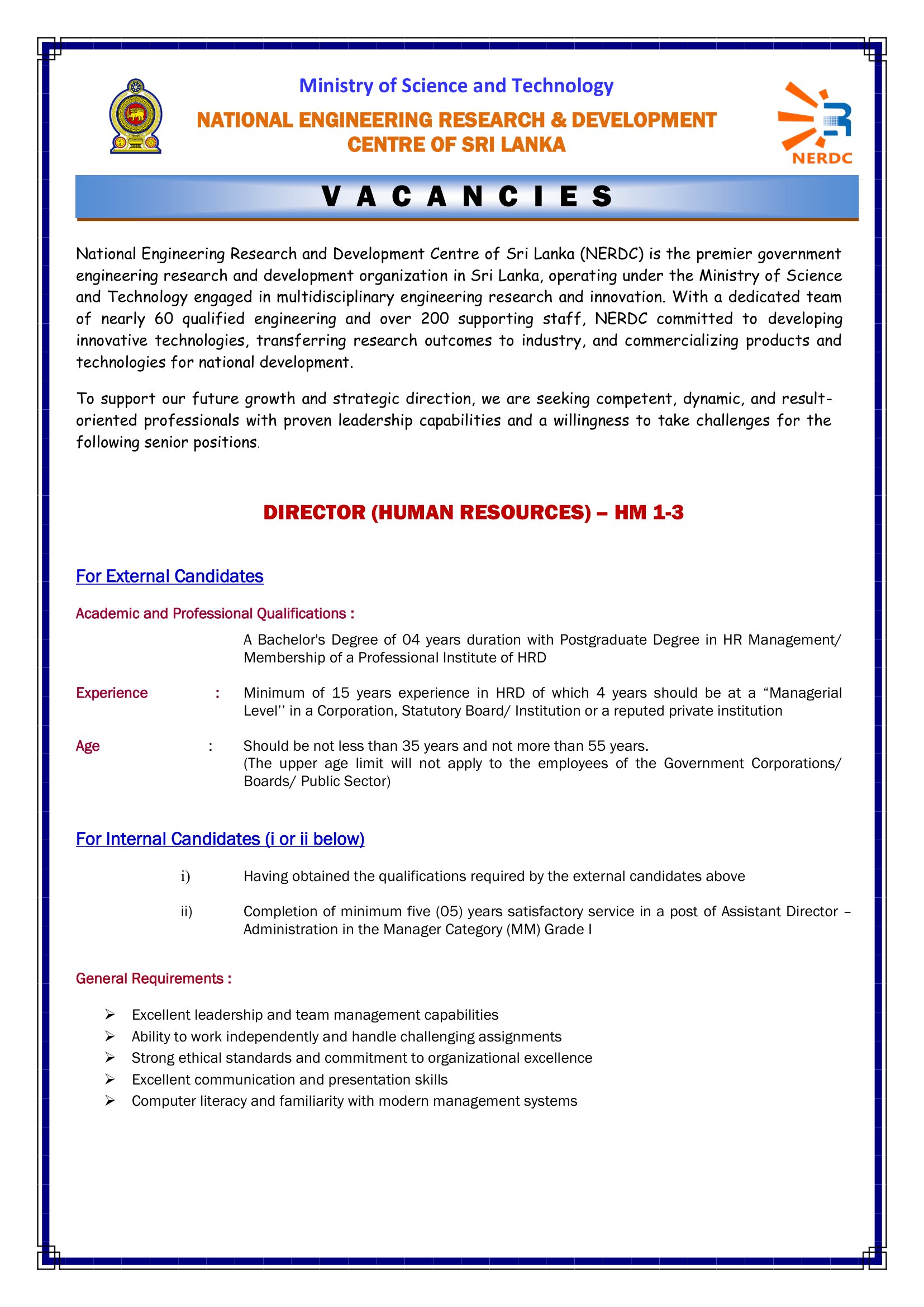 Director (Human Resources, Finance) - National Engineering Research & Development Centre of Sri Lanka