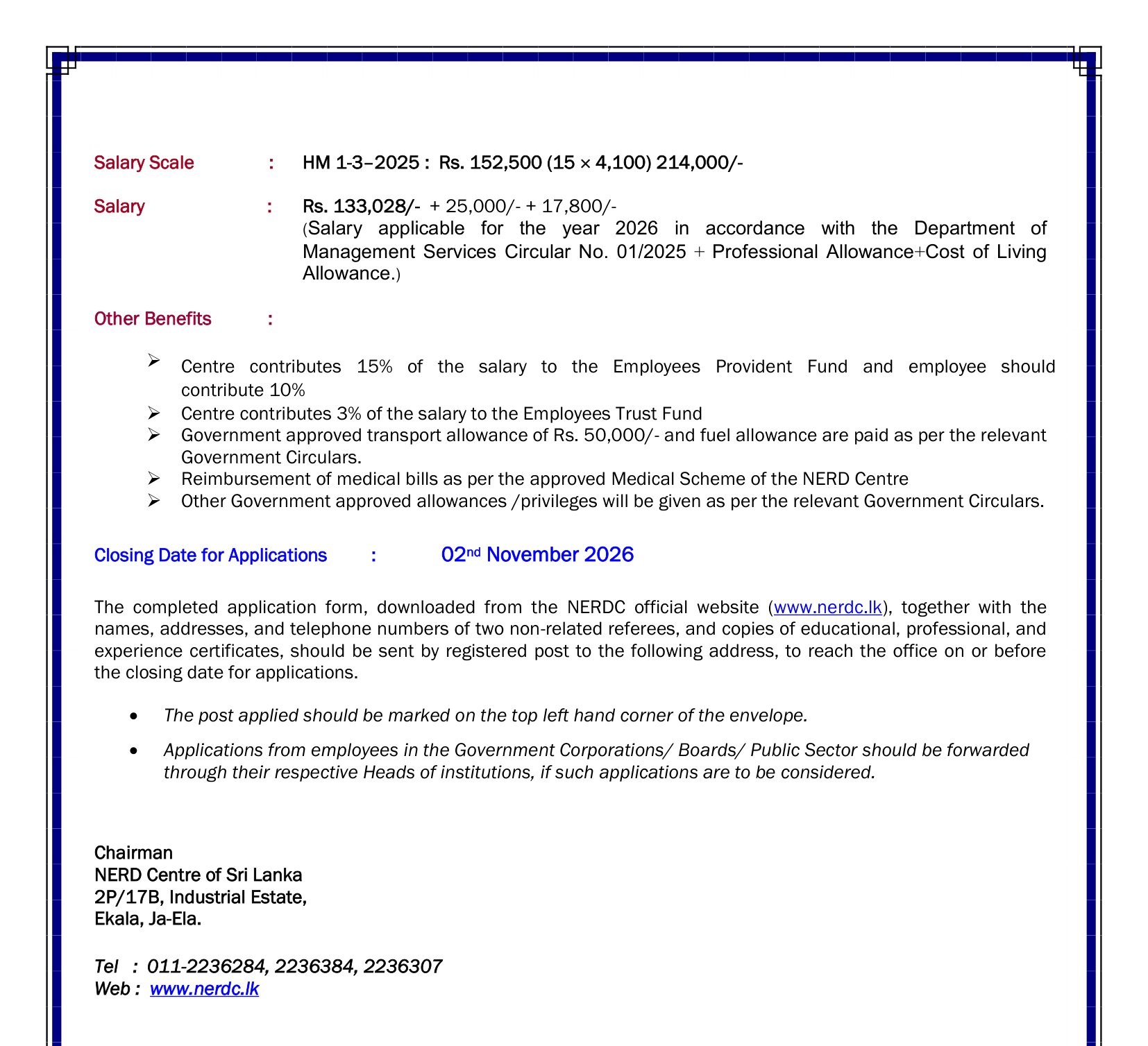 Director (Human Resources, Finance) - National Engineering Research & Development Centre of Sri Lanka