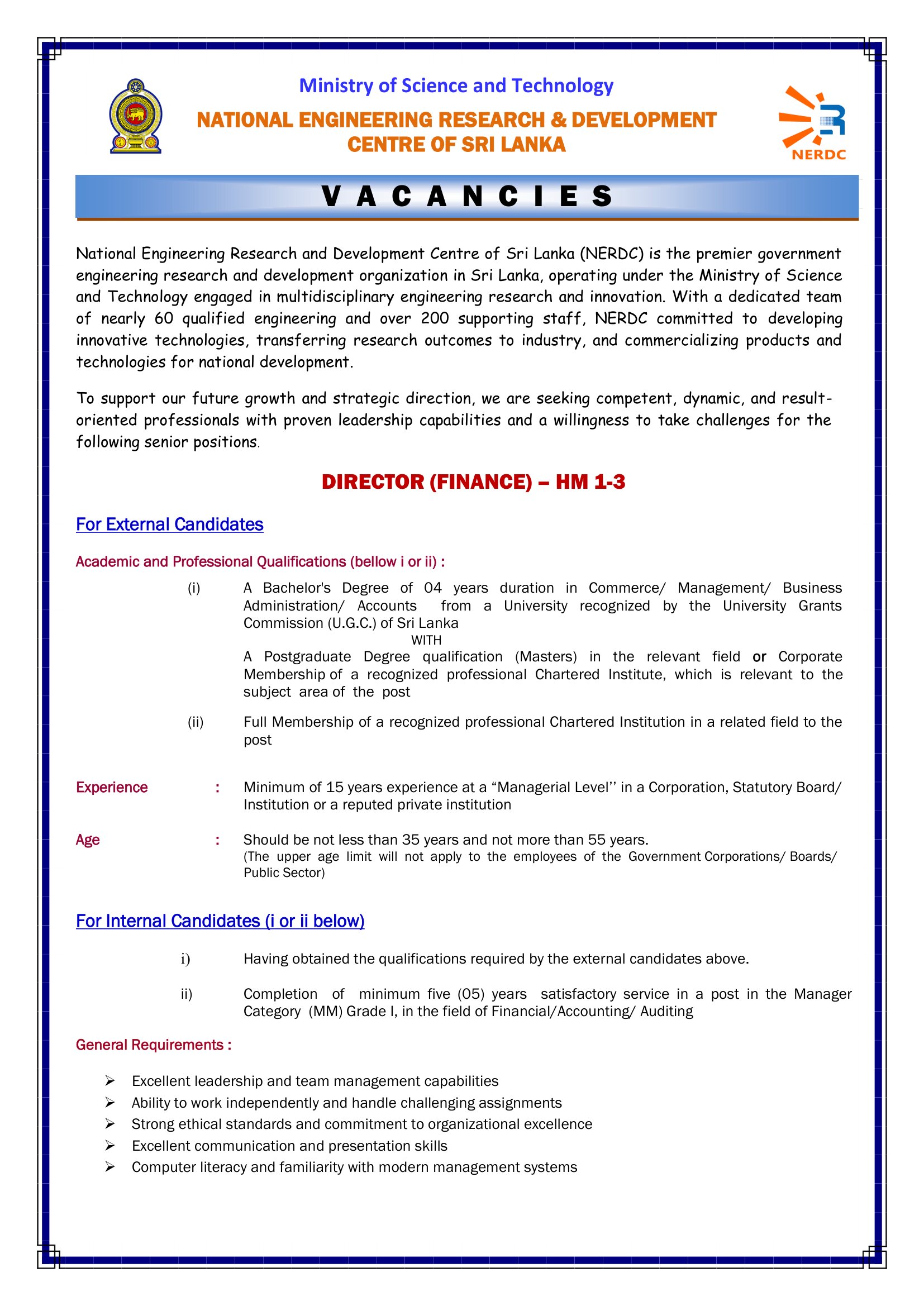 Director (Human Resources, Finance) - National Engineering Research & Development Centre of Sri Lanka