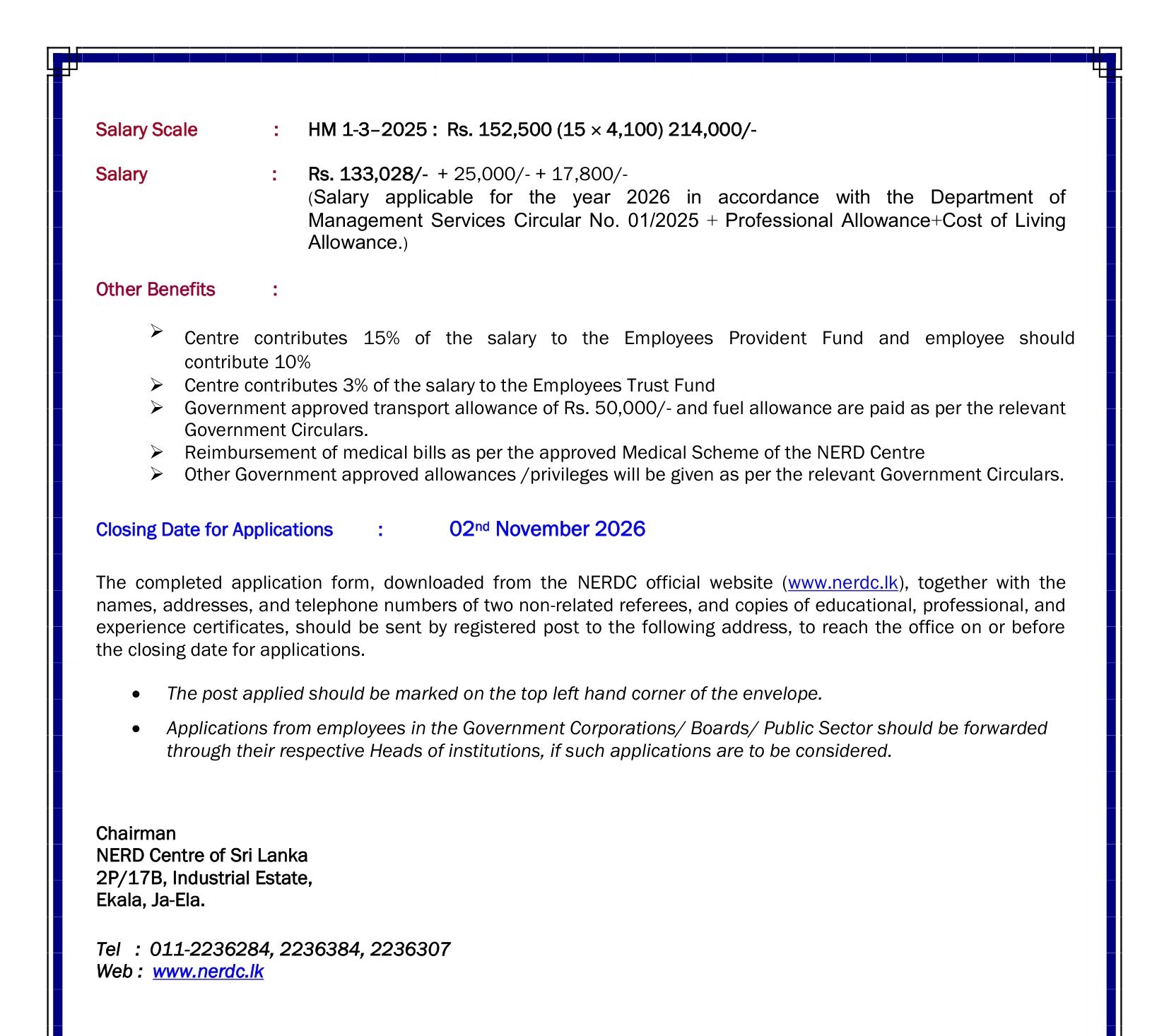 Director (Human Resources, Finance) - National Engineering Research & Development Centre of Sri Lanka