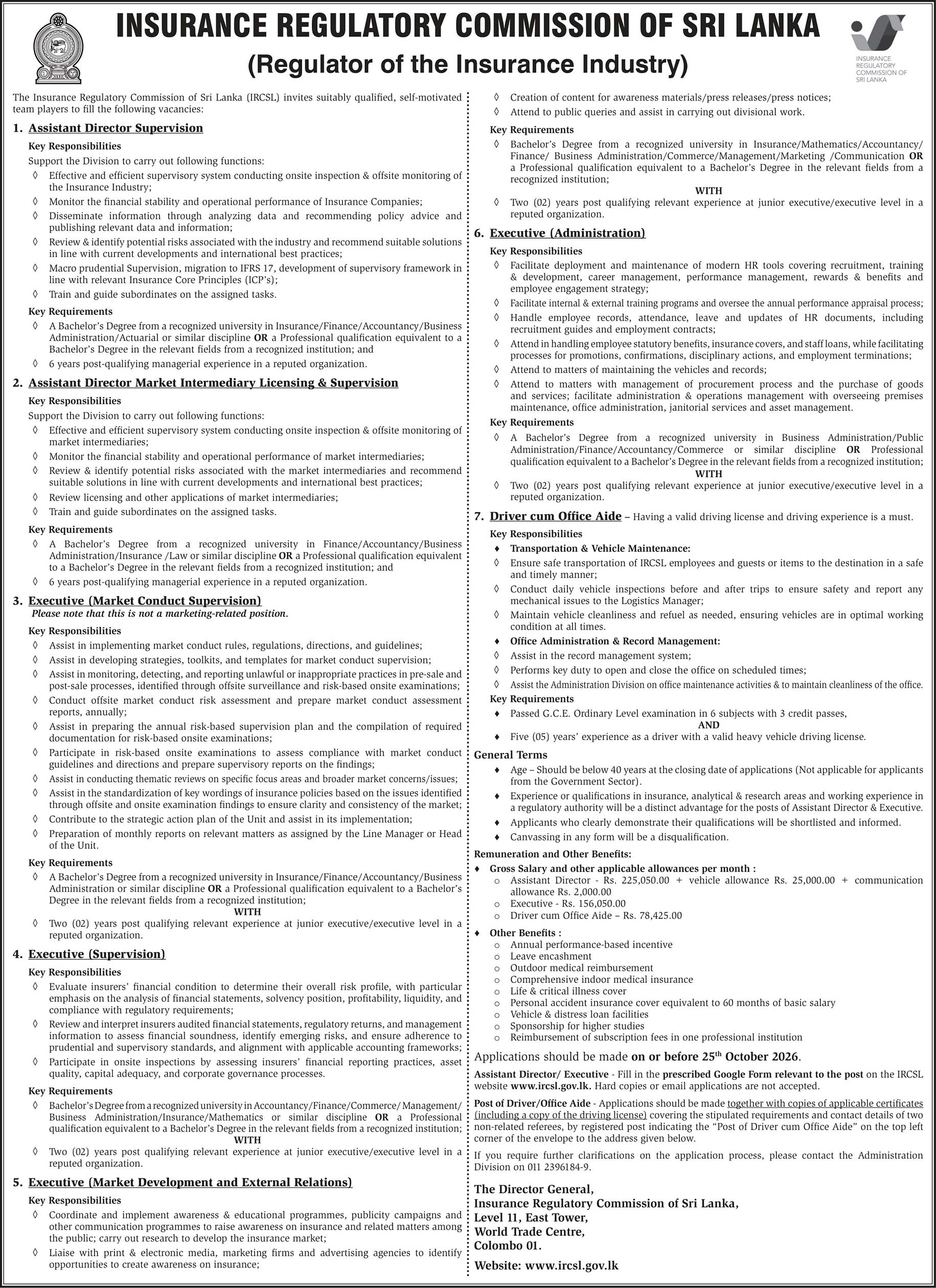 Assistant Director, Executive, Driver/Office Aide - Insurance Regulatory Commission of Sri Lanka