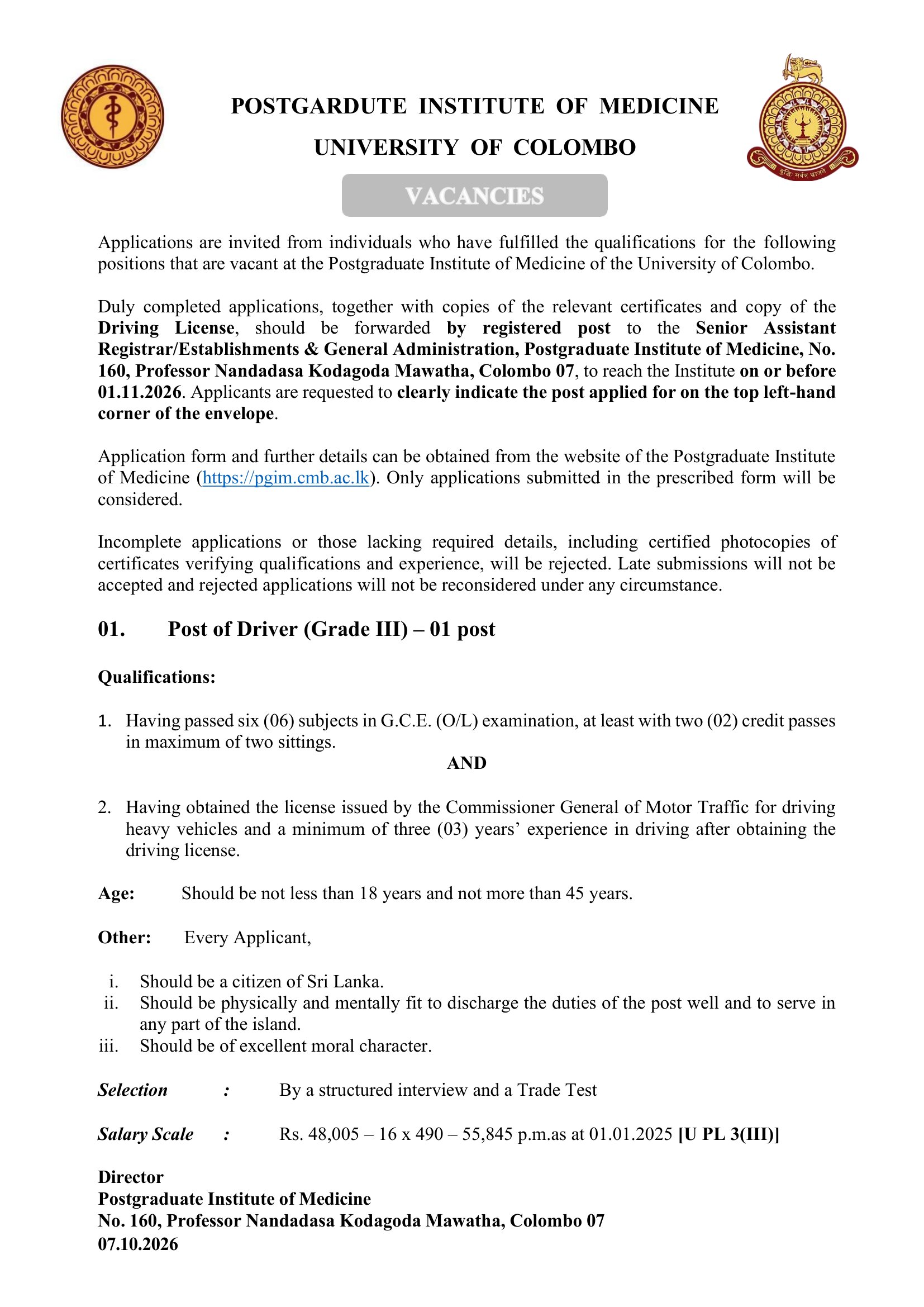 Driver - Postgraduate Institute of Medicine - University of Colombo