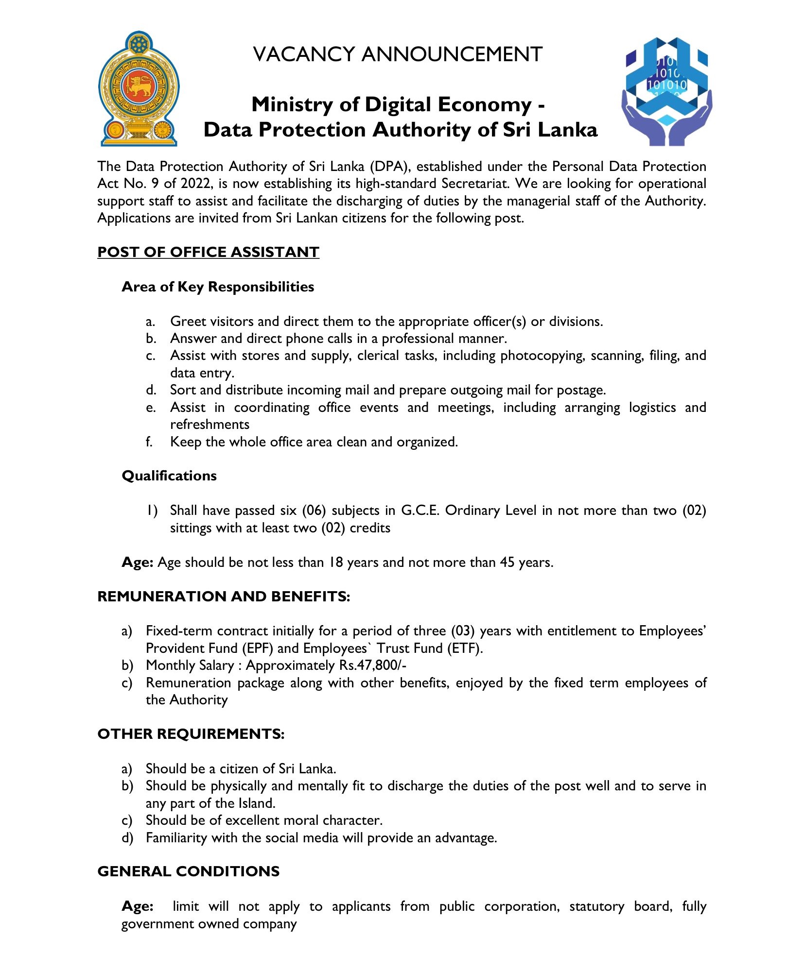 Office Assistant - Data Protection Authority of Sri Lanka
