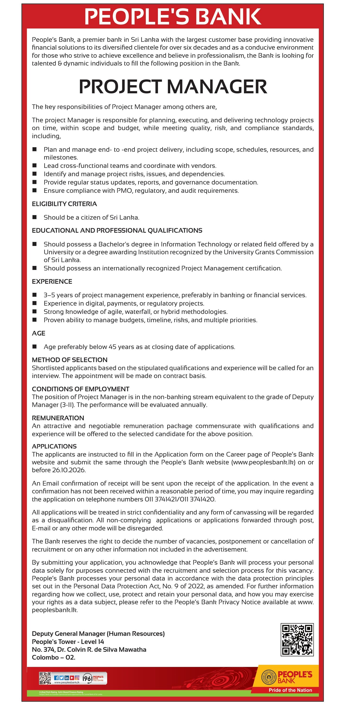 Project Manager, Network Administrator, Junior Software Engineer, Assistant Manager, Secretarial Assistant - Peoples’ Bank