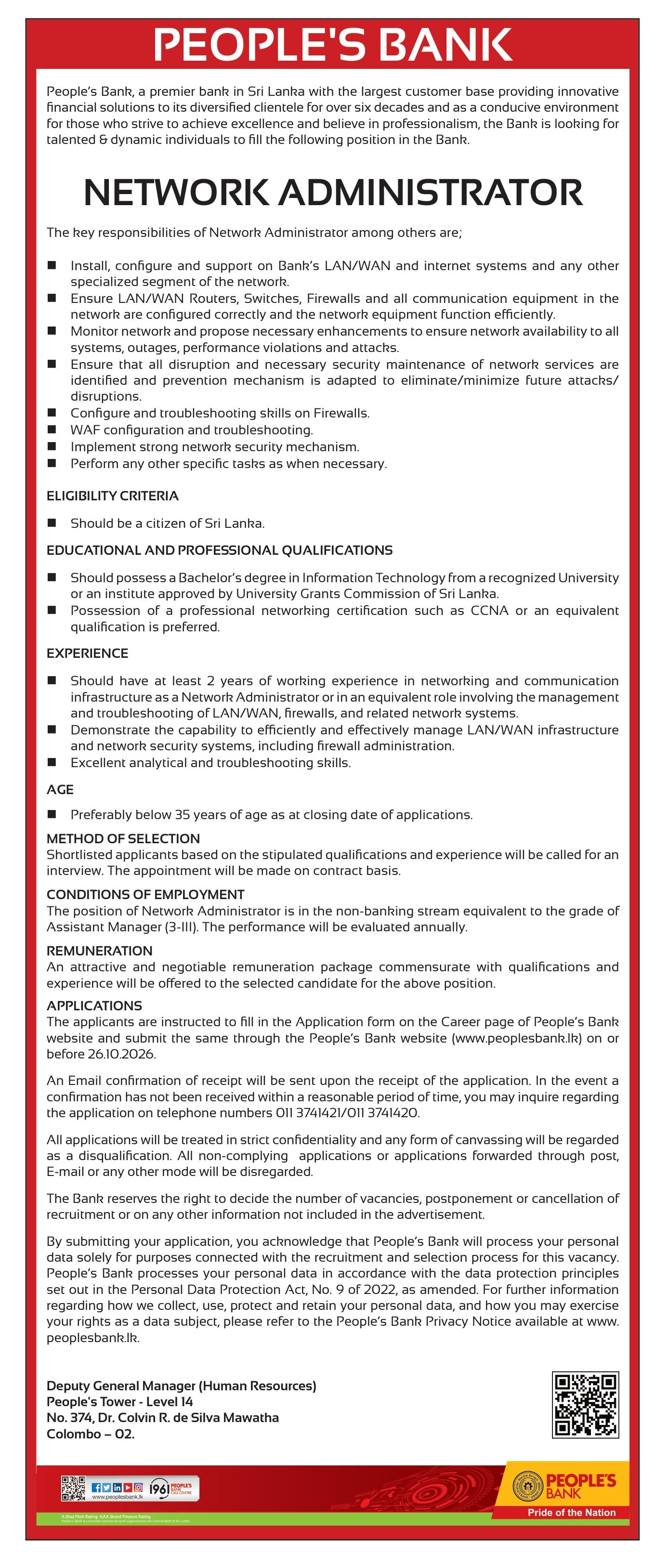 Project Manager, Network Administrator, Junior Software Engineer, Assistant Manager, Secretarial Assistant - Peoples’ Bank