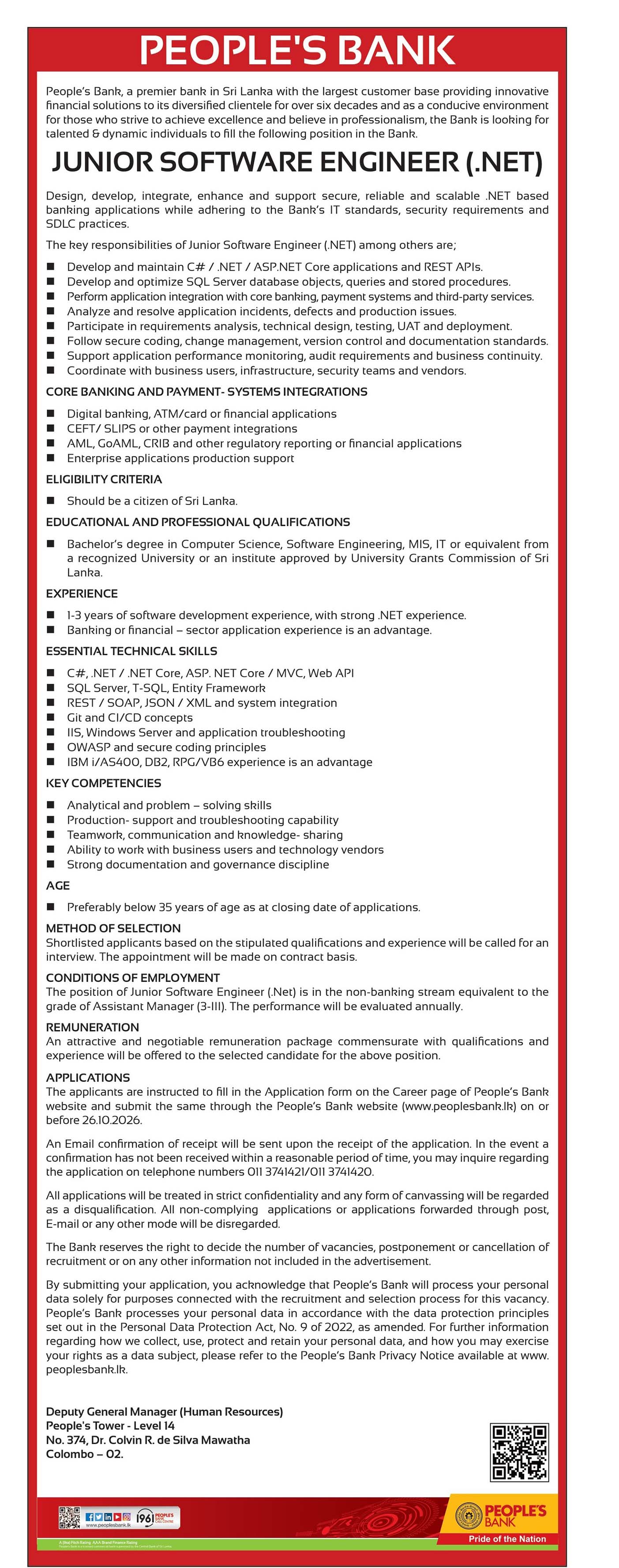Project Manager, Network Administrator, Junior Software Engineer, Assistant Manager, Secretarial Assistant - Peoples’ Bank