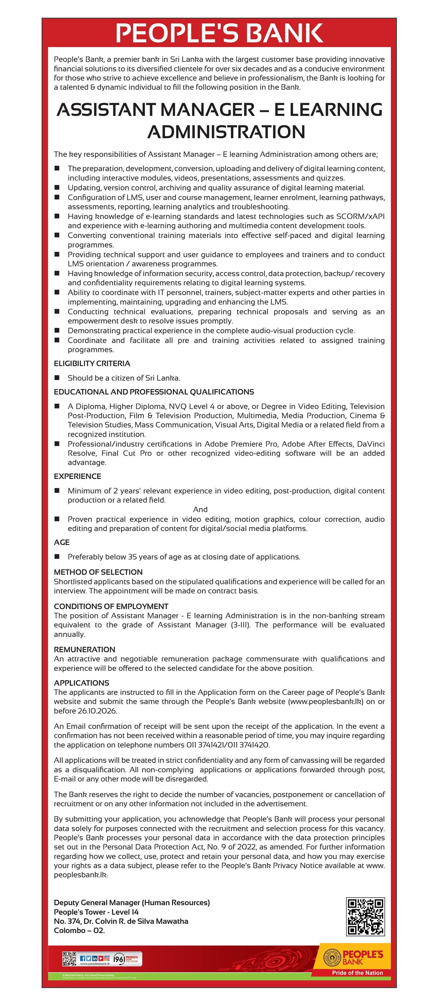 Project Manager, Network Administrator, Junior Software Engineer, Assistant Manager, Secretarial Assistant - Peoples’ Bank