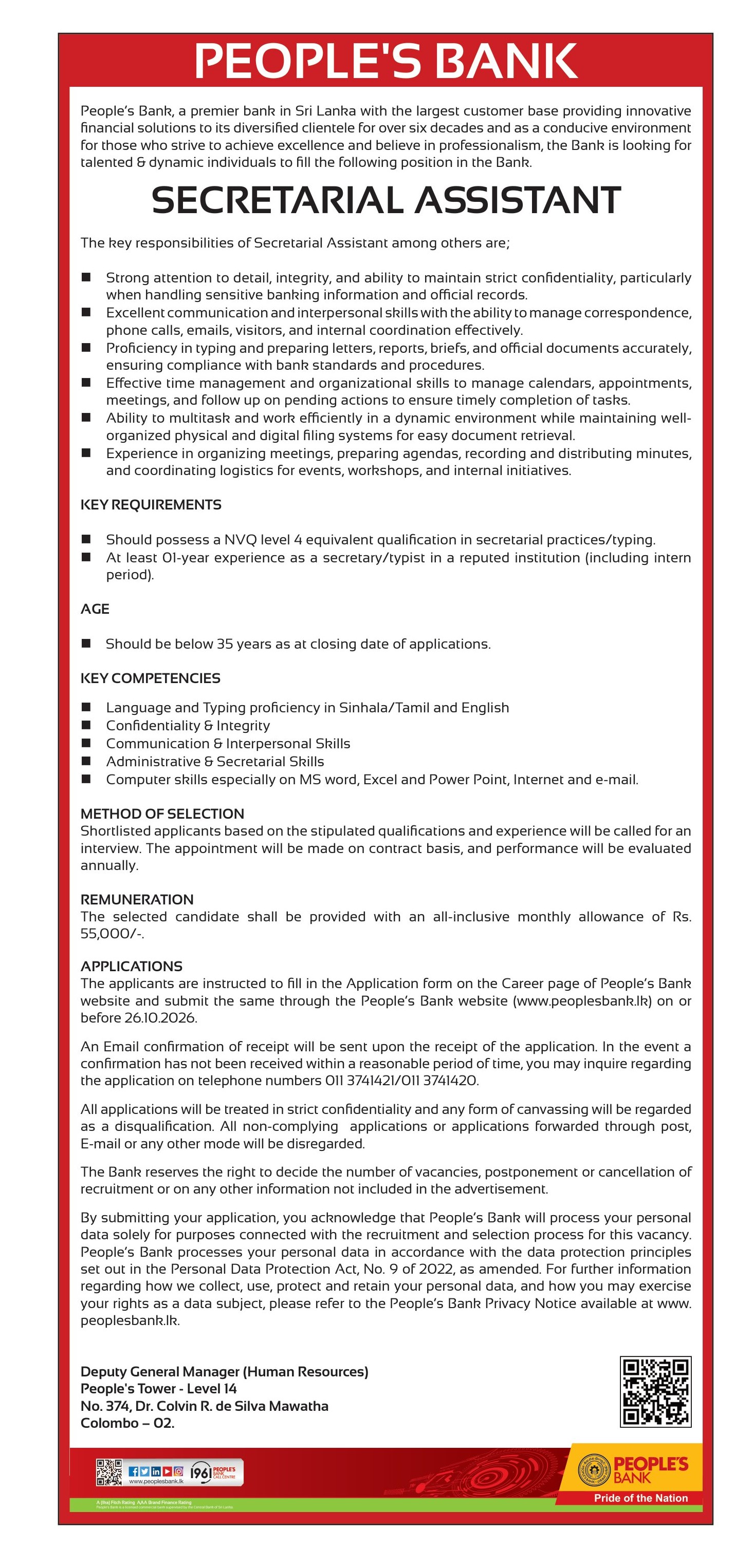 Project Manager, Network Administrator, Junior Software Engineer, Assistant Manager, Secretarial Assistant - Peoples’ Bank