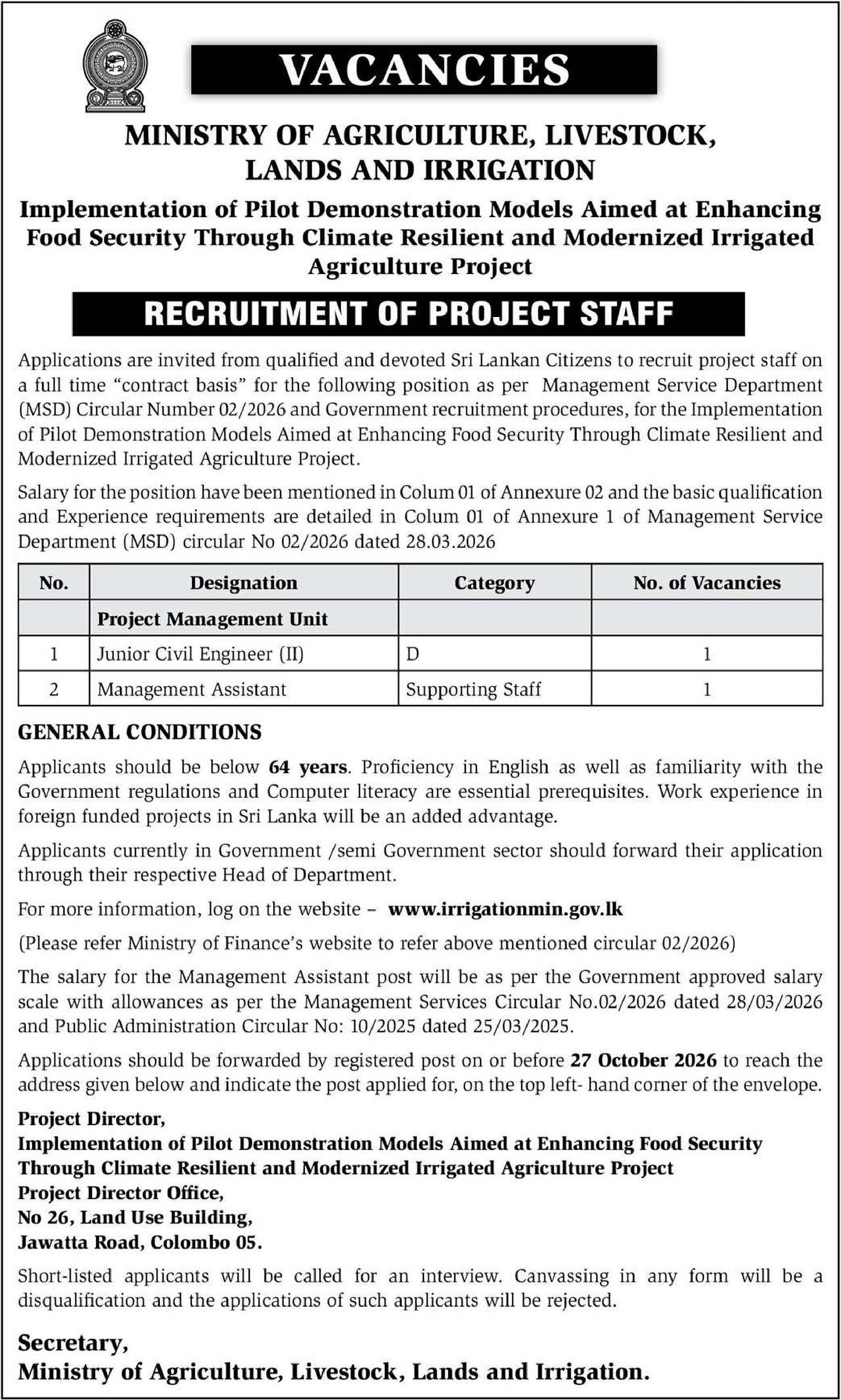 Management Assistant, Junior Civil Engineer - Ministry of Agriculture, Livestock, Lands & Irrigation
