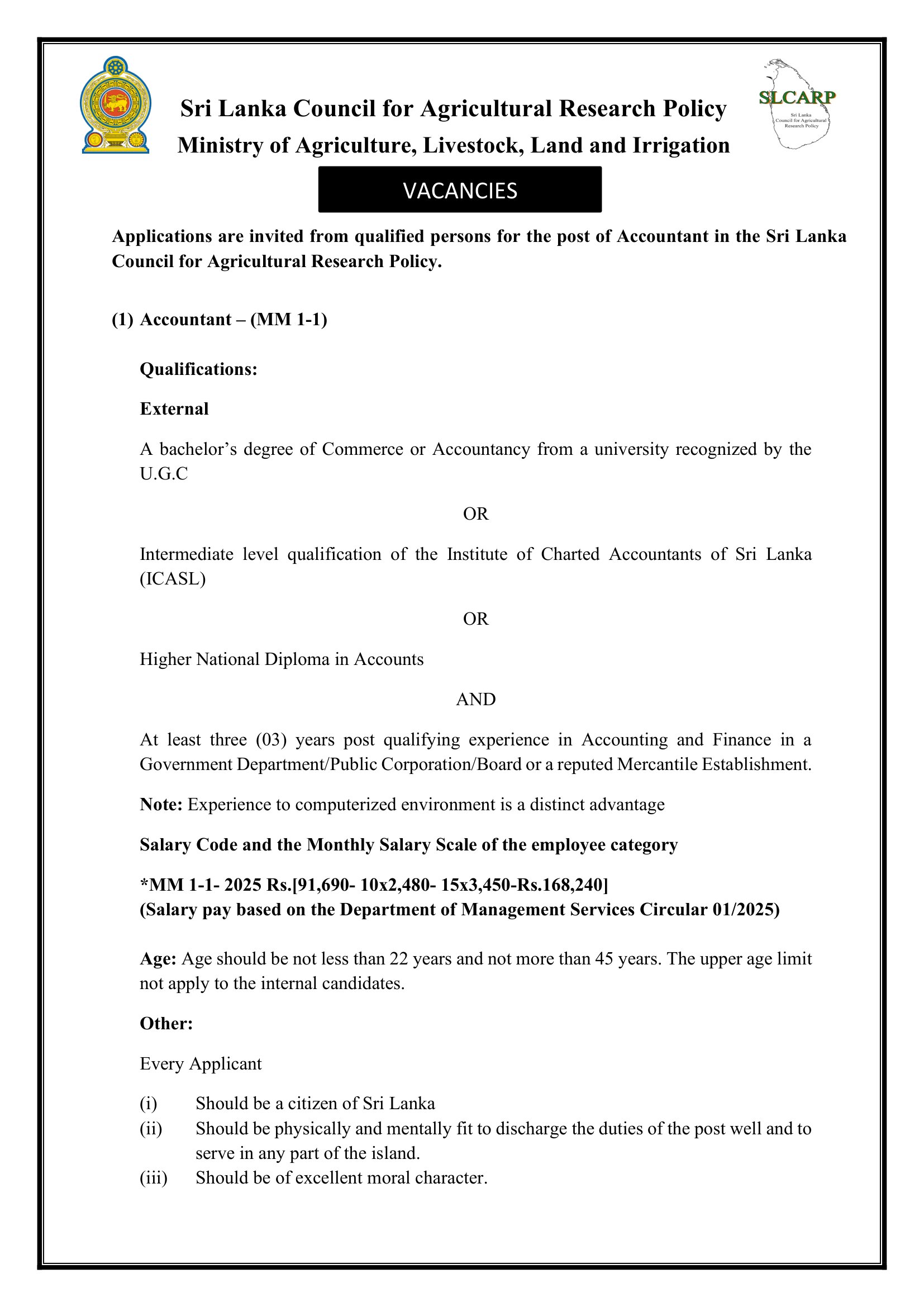 Accountant - Sri Lanka Council for Agricultural Research Policy