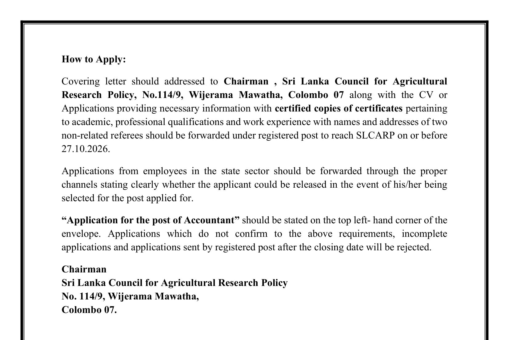 Accountant - Sri Lanka Council for Agricultural Research Policy